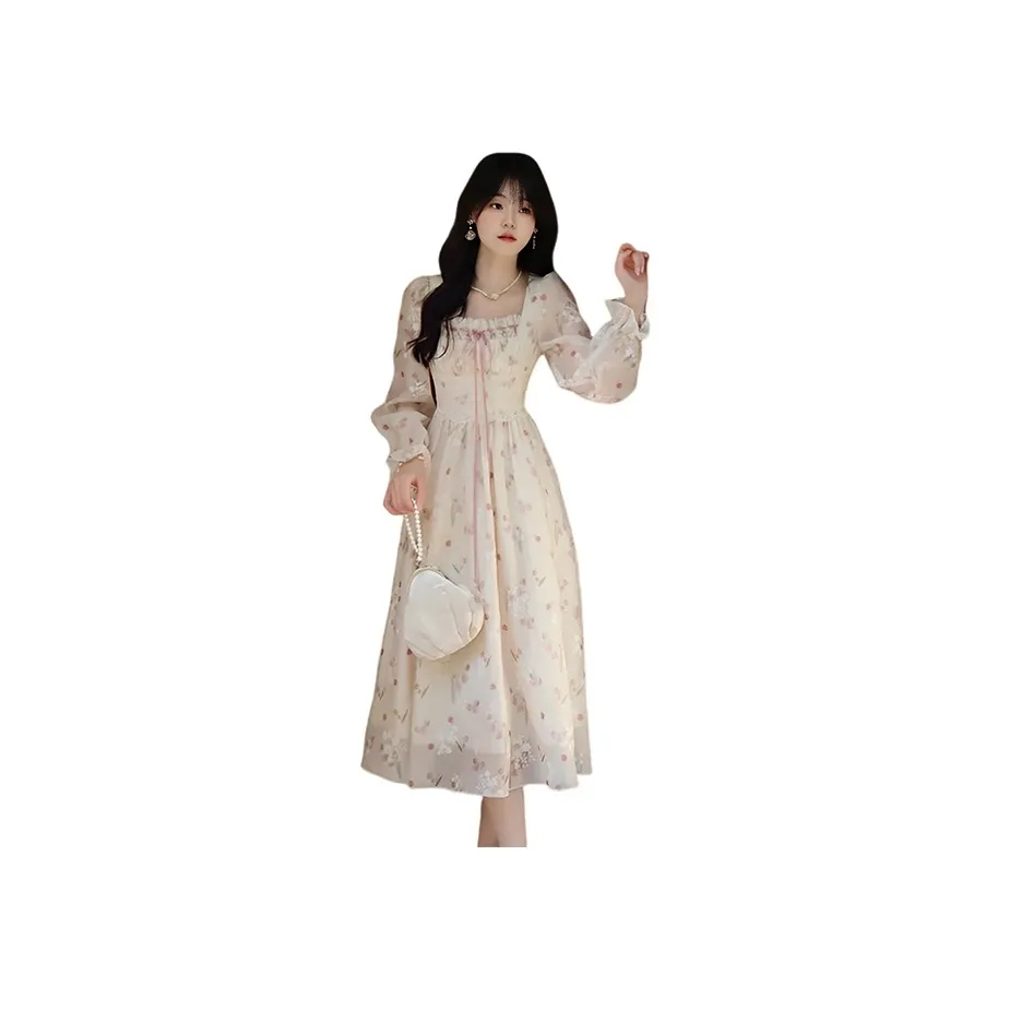 Flowers In Water Long Sleeved Dress Women's Pink Apricot