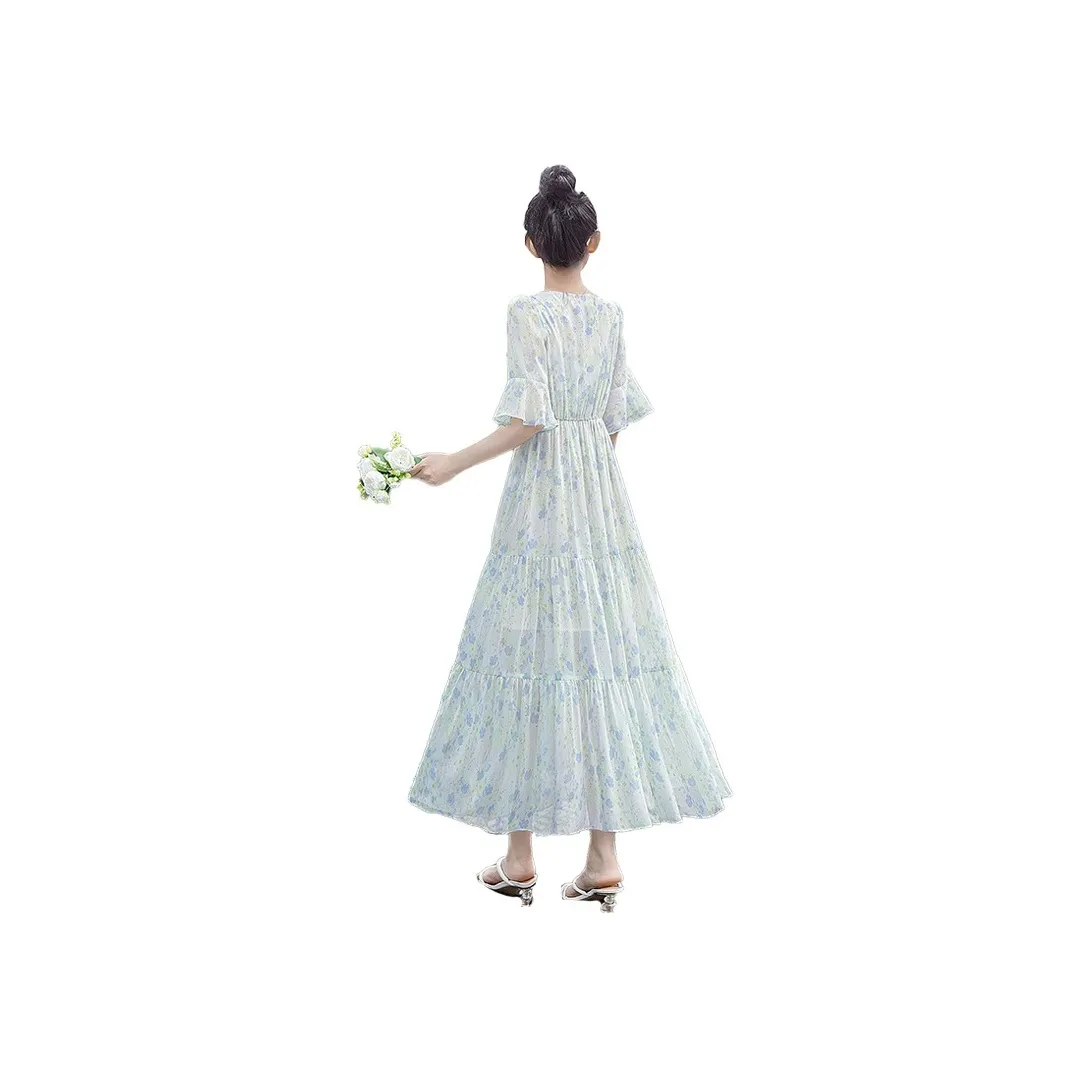 Cypress House Short Sleeved Dress Women's White With Blue Green Floral