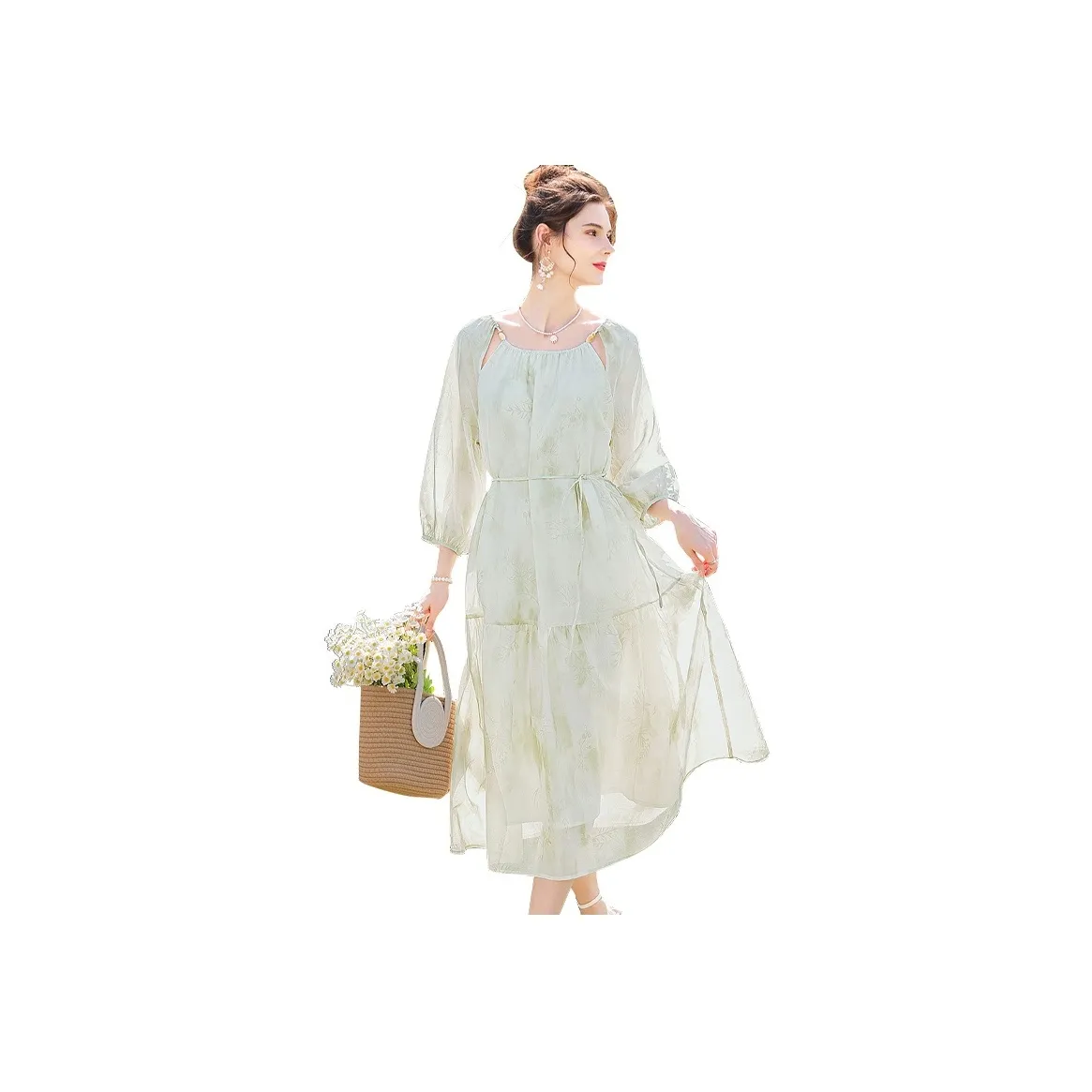 TOUCH Long Sleeved Dress Women's Beige Green