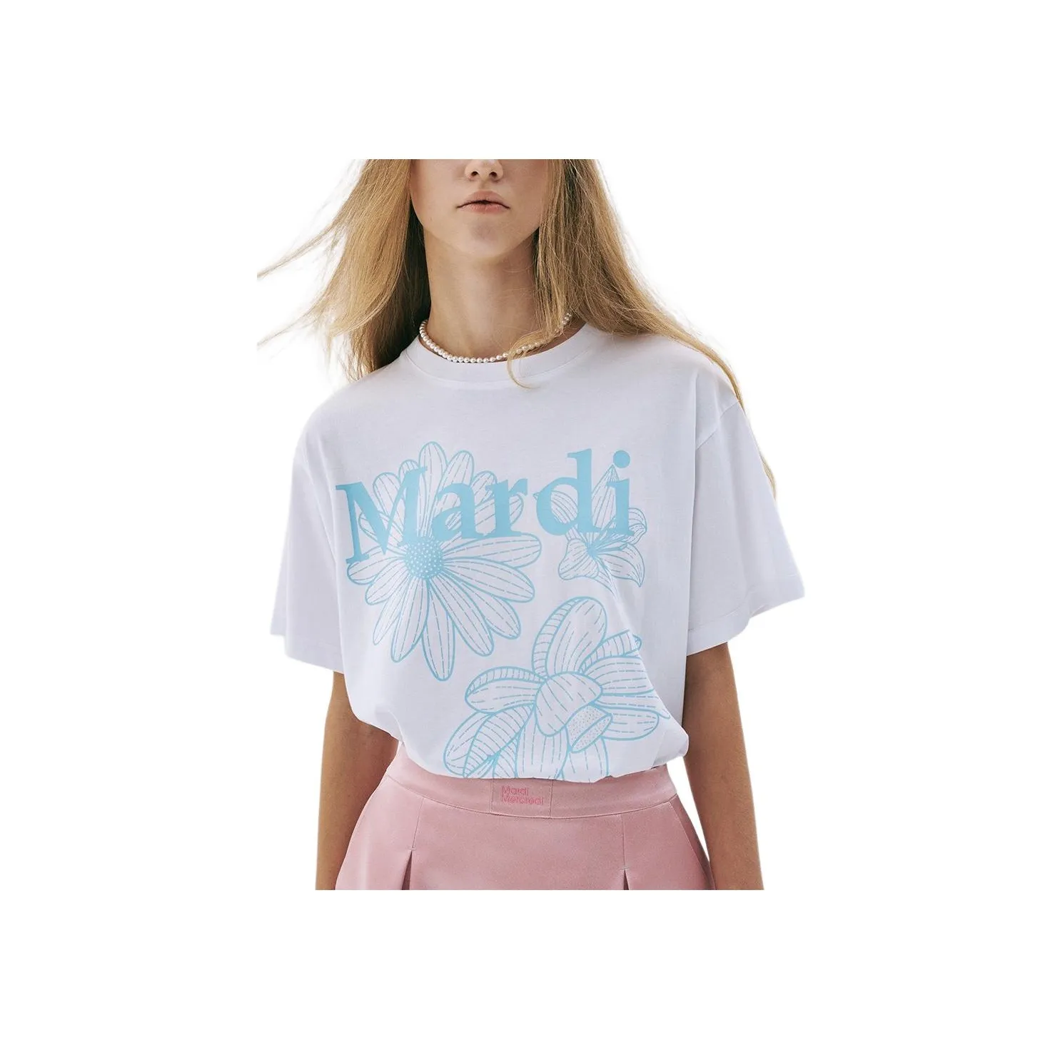 MARDI MERCREDI Three Flowers Collection SS25 T Shirt Women's White/Sky Blue Korean Style