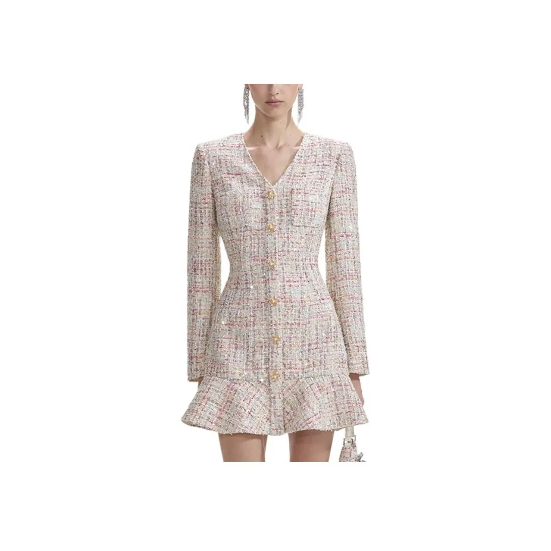 Self portrait Long Sleeved Dress Women's White Mixed Color