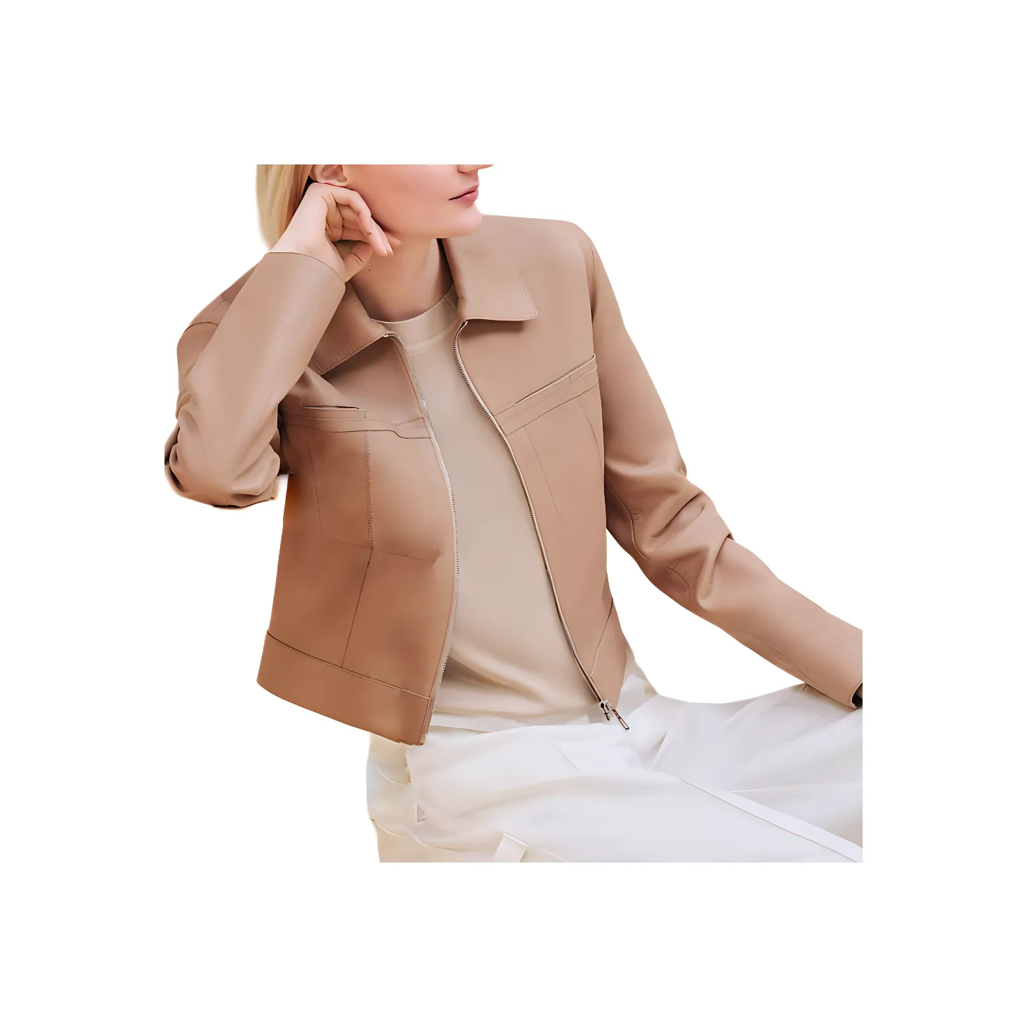 HERMES FW24 Leather Jacket Women's Beige Camel