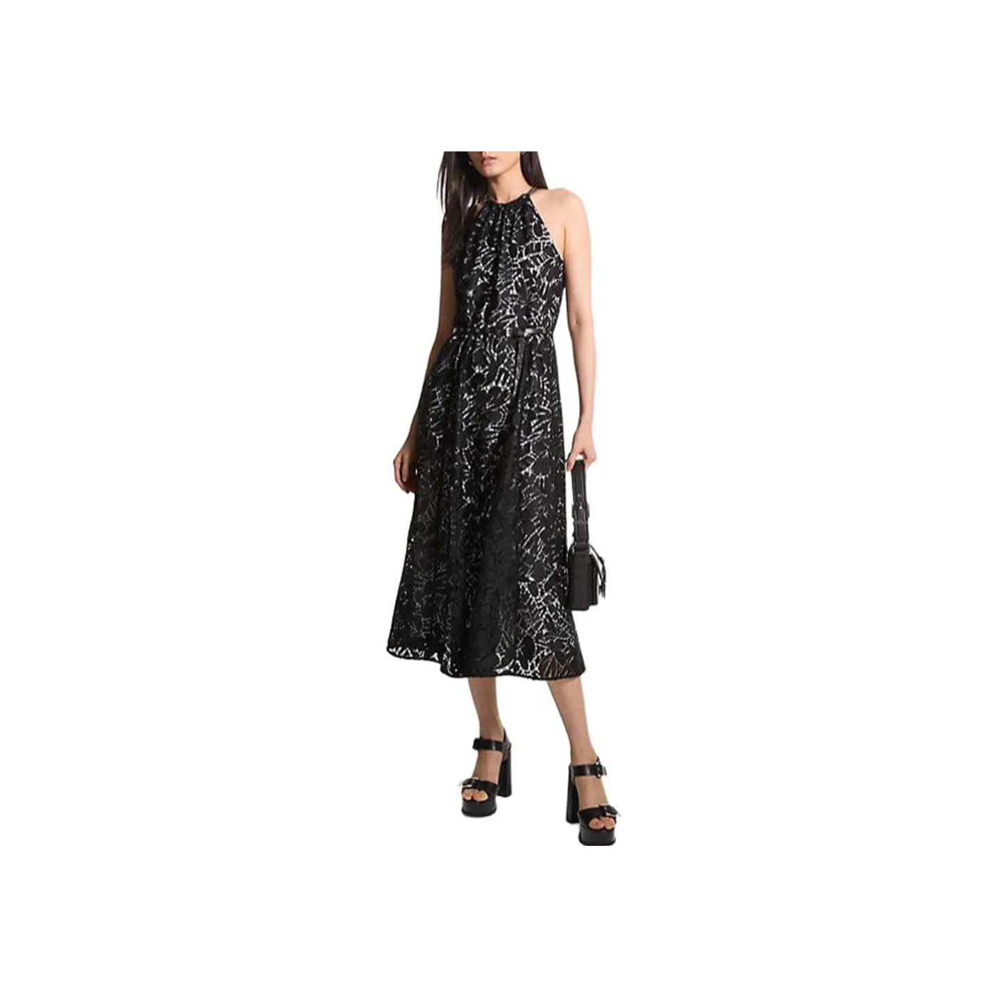 MICHAEL KORS Palm Lace Belted Halter Dress