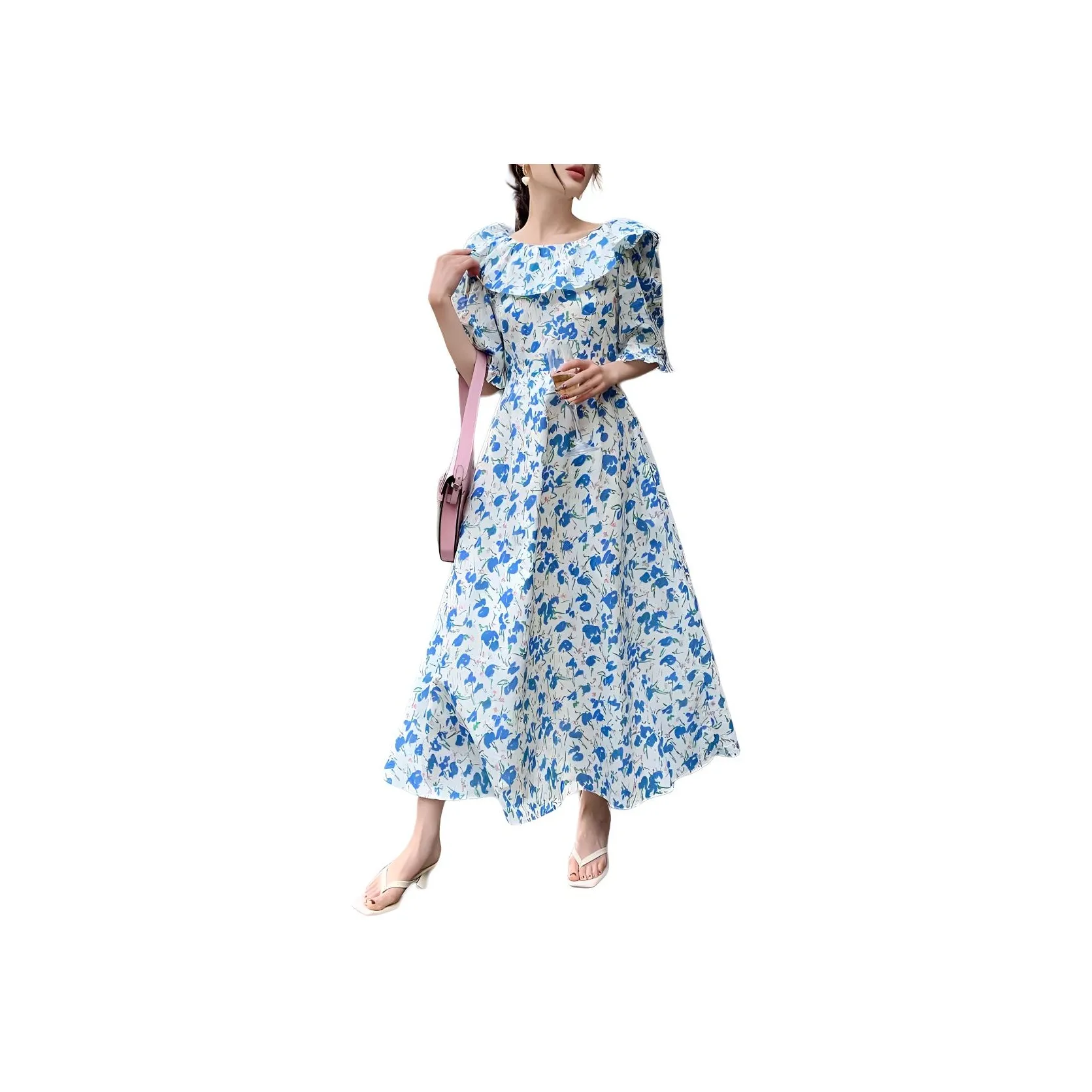 NANING9 Короткий рукав Платье Женское Синее