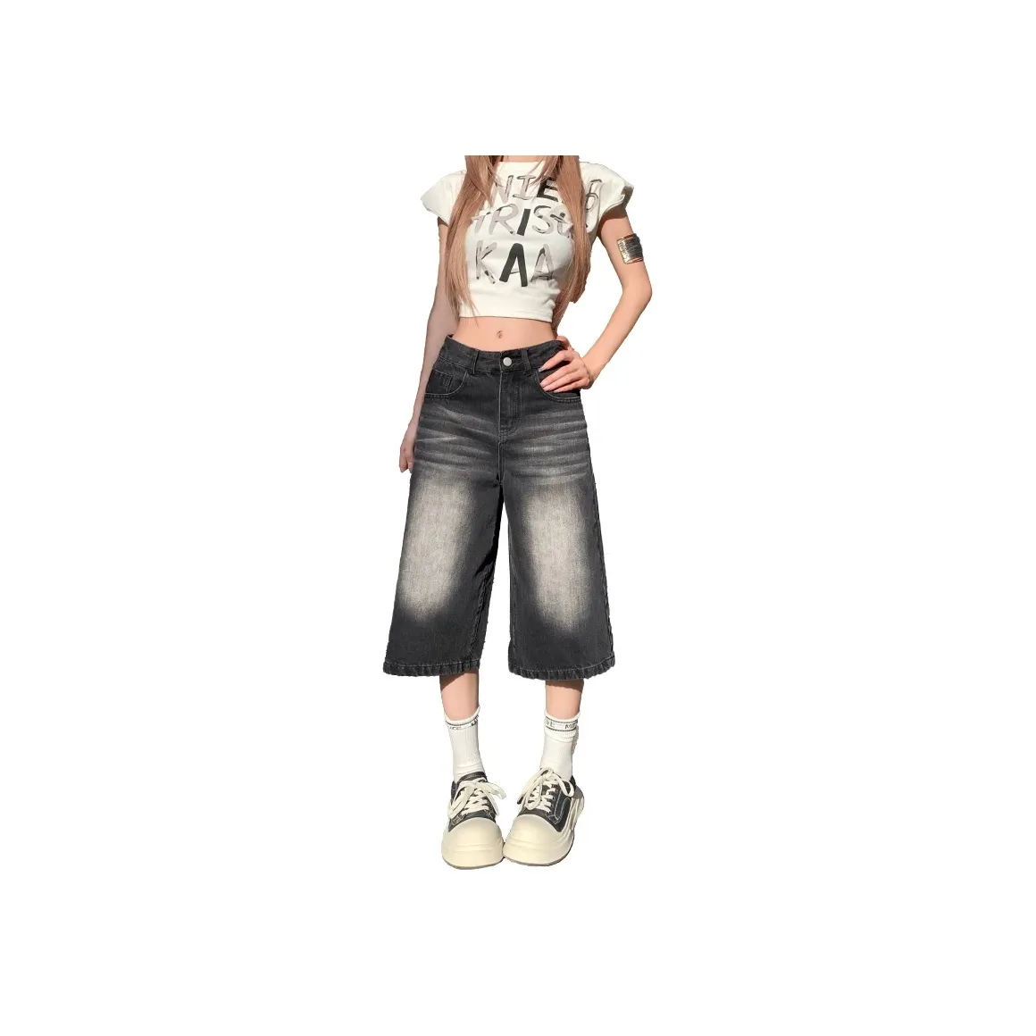 MPOX Denim Shorts Women's Black Capri Pants