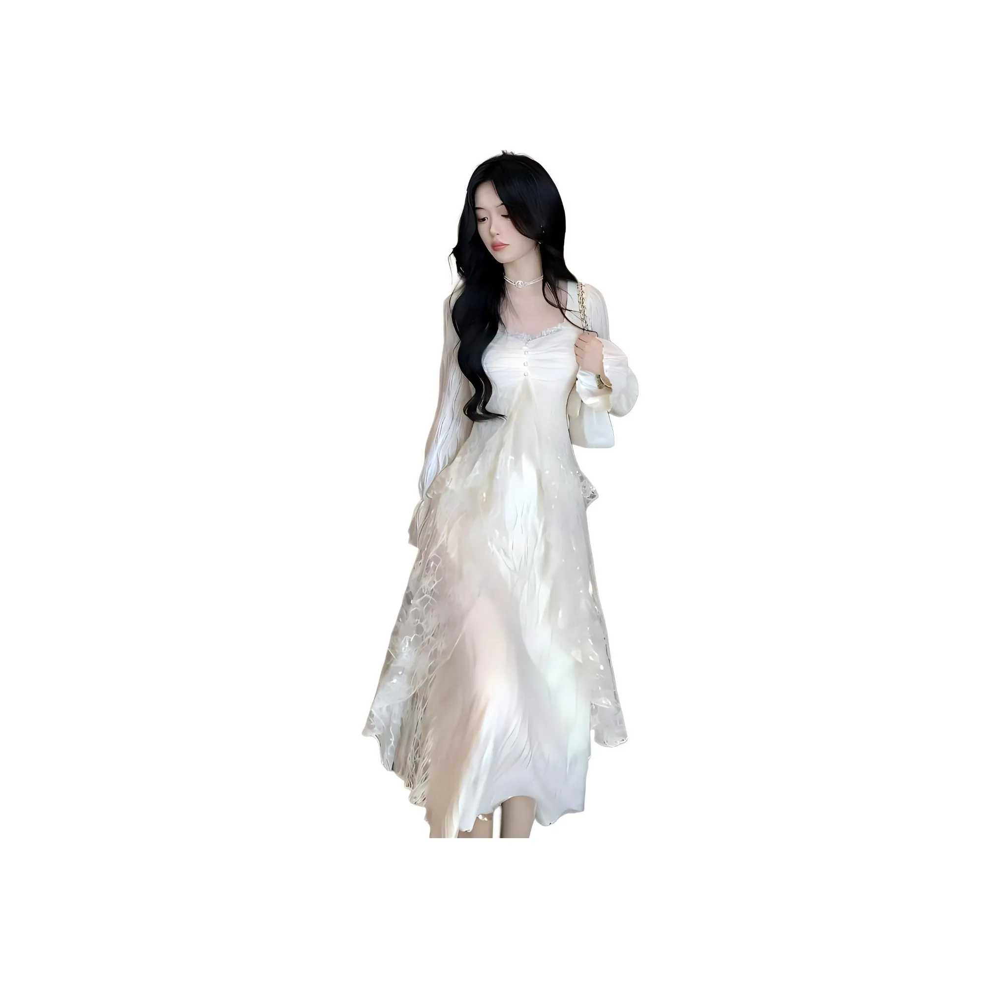 Flowers In Water Long Sleeved Dress Women's Apricot