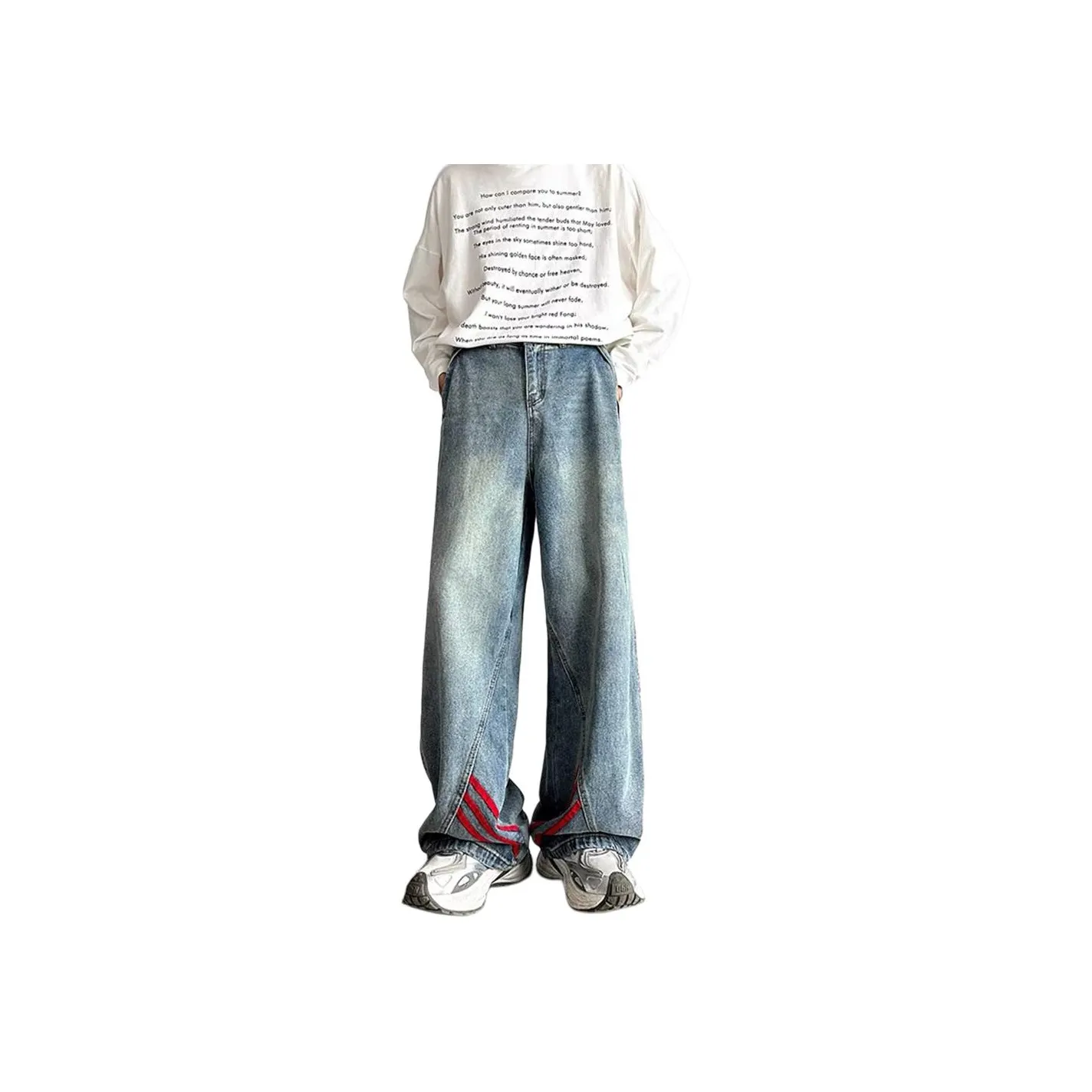 IJRJ Jeans Unisex Red Stripes Patchwork Blue