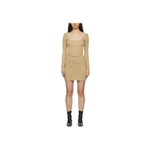DION LEE Светло-янтарное Женское Длинное Платье с Рукавами