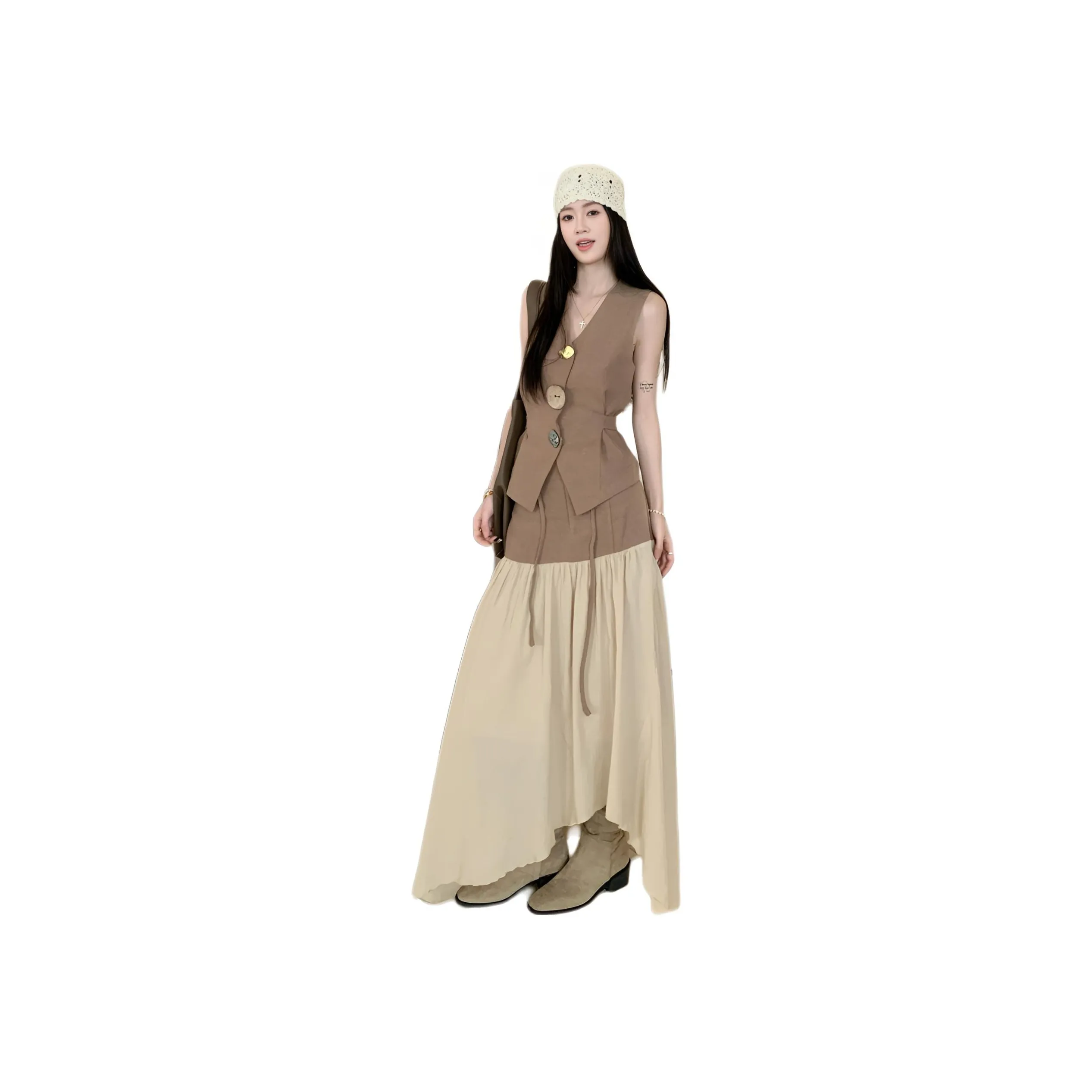 WICK BUEN Двухкомпонентный комплект [Кофейный жилет + Кофейная юбка] Женские комплекты с юбкой