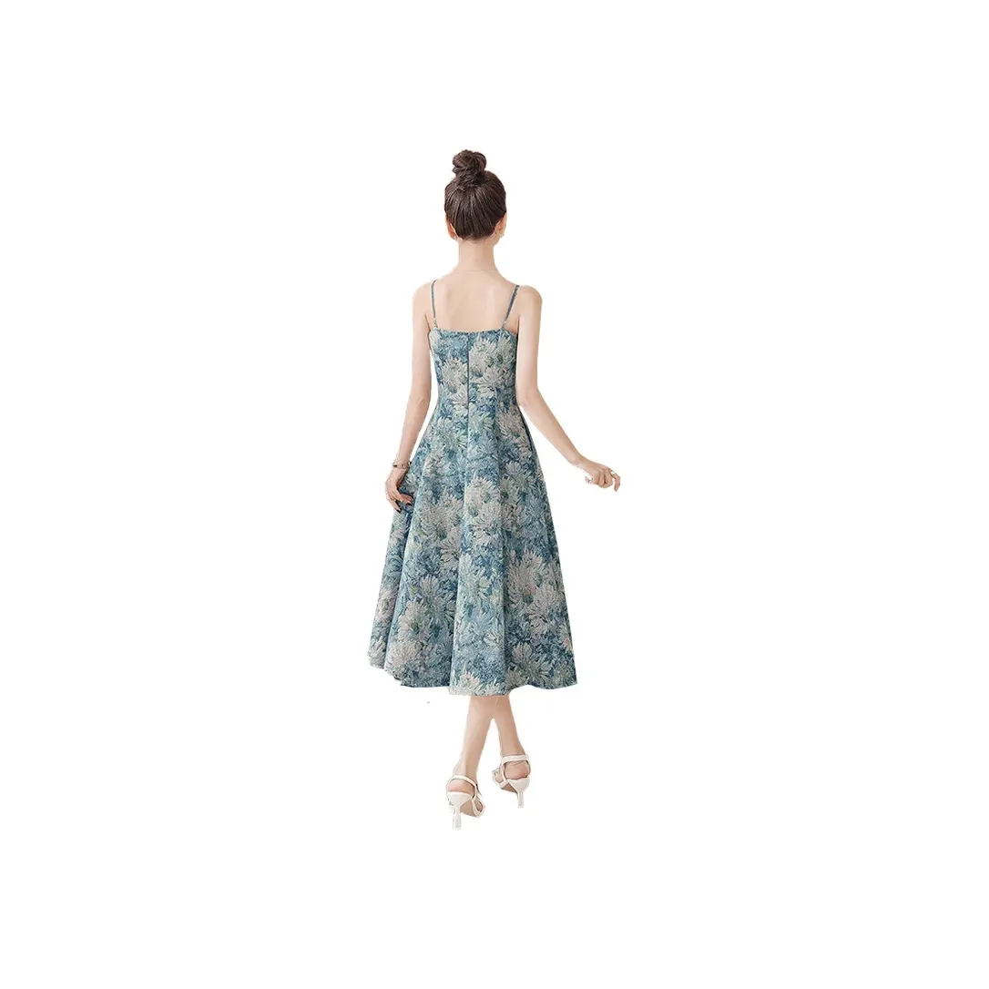 Cypress House Slip Dress Women's Blue Oil Paintings