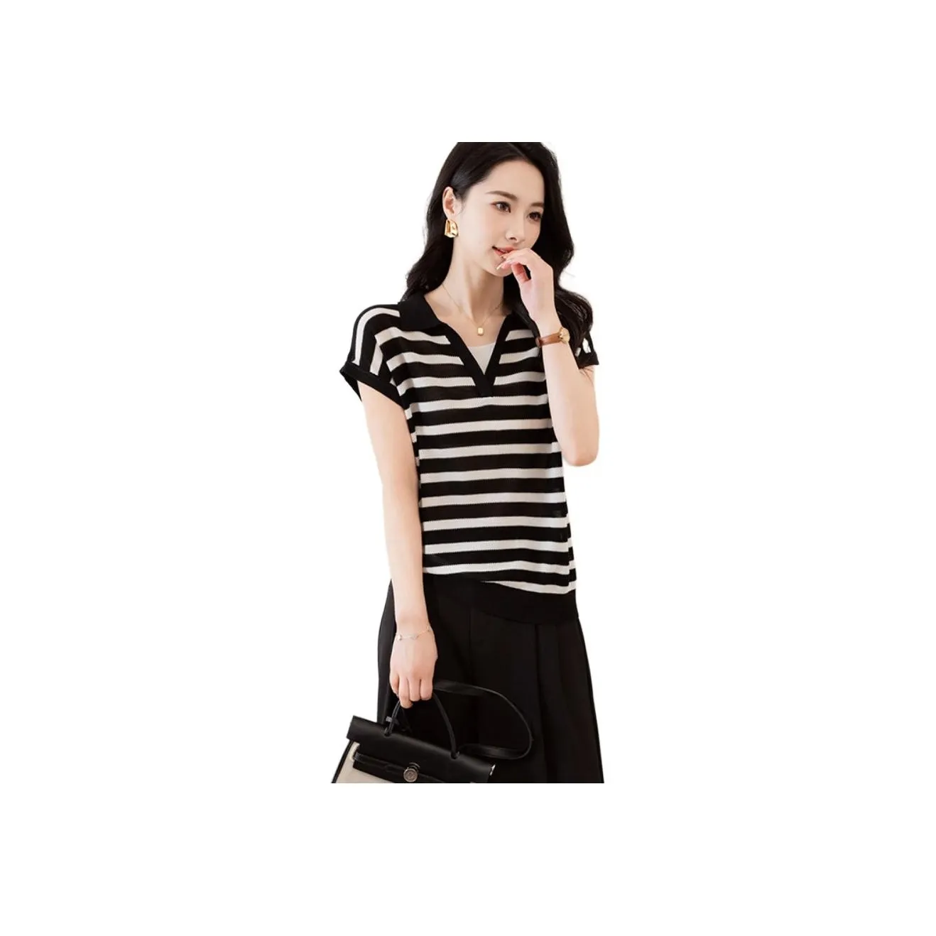 X MOOM T Shirt Women's Black White Stripes
