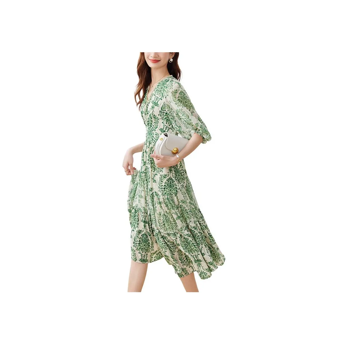 SENTUBILA Short Sleeved Dress Women's Apricot With Green Floral