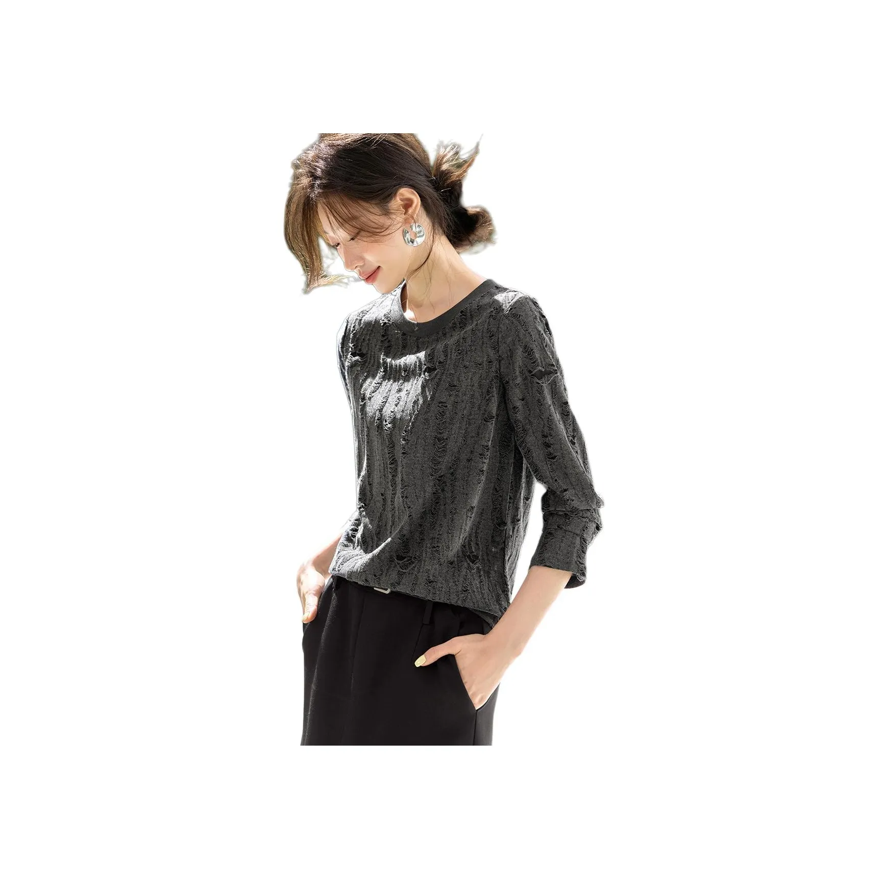 MOHANYIMEI Серый Длинный Рукав Женская T-Рубашка