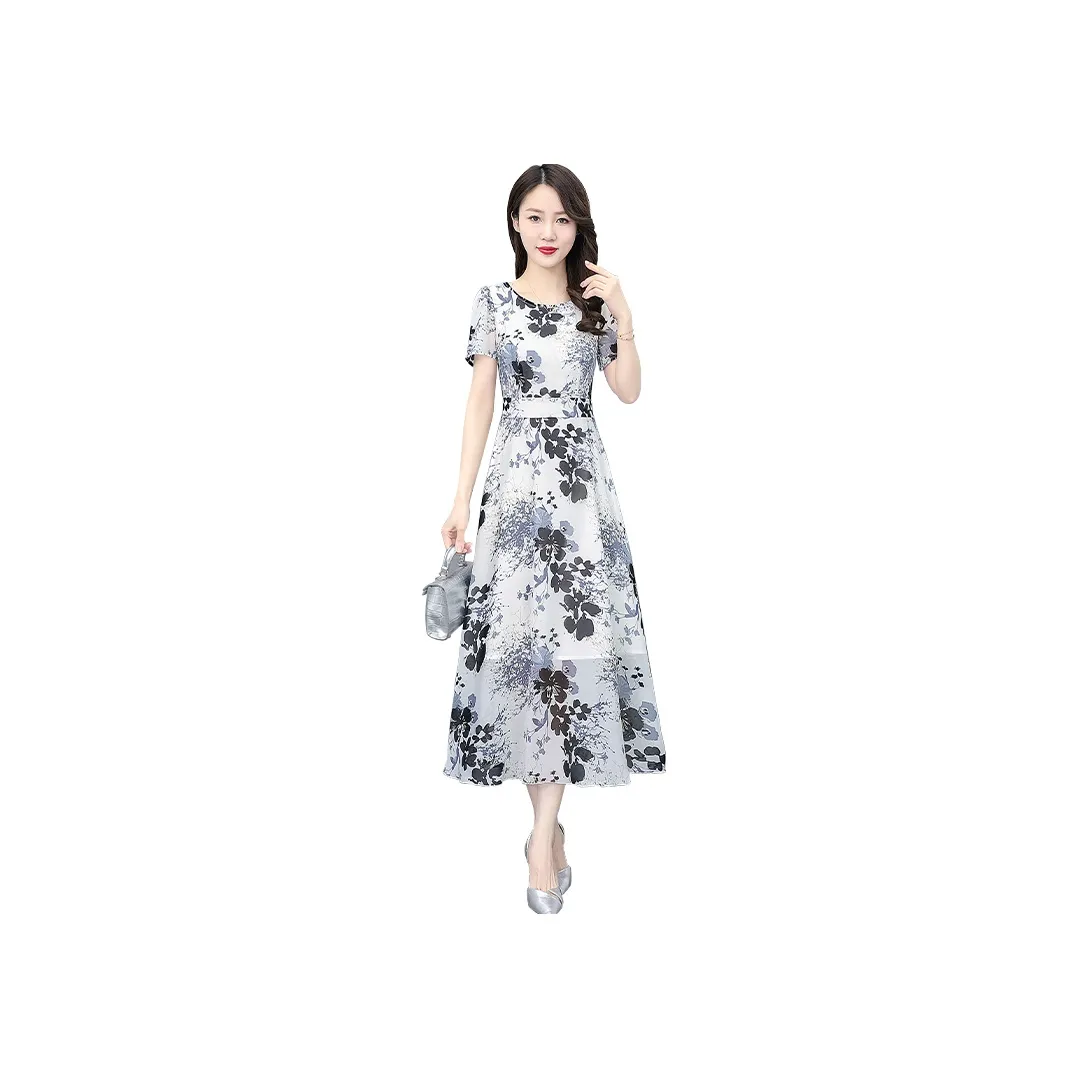 Cypress House Short Sleeved Dress Women's White Base With Black And Gray Floral