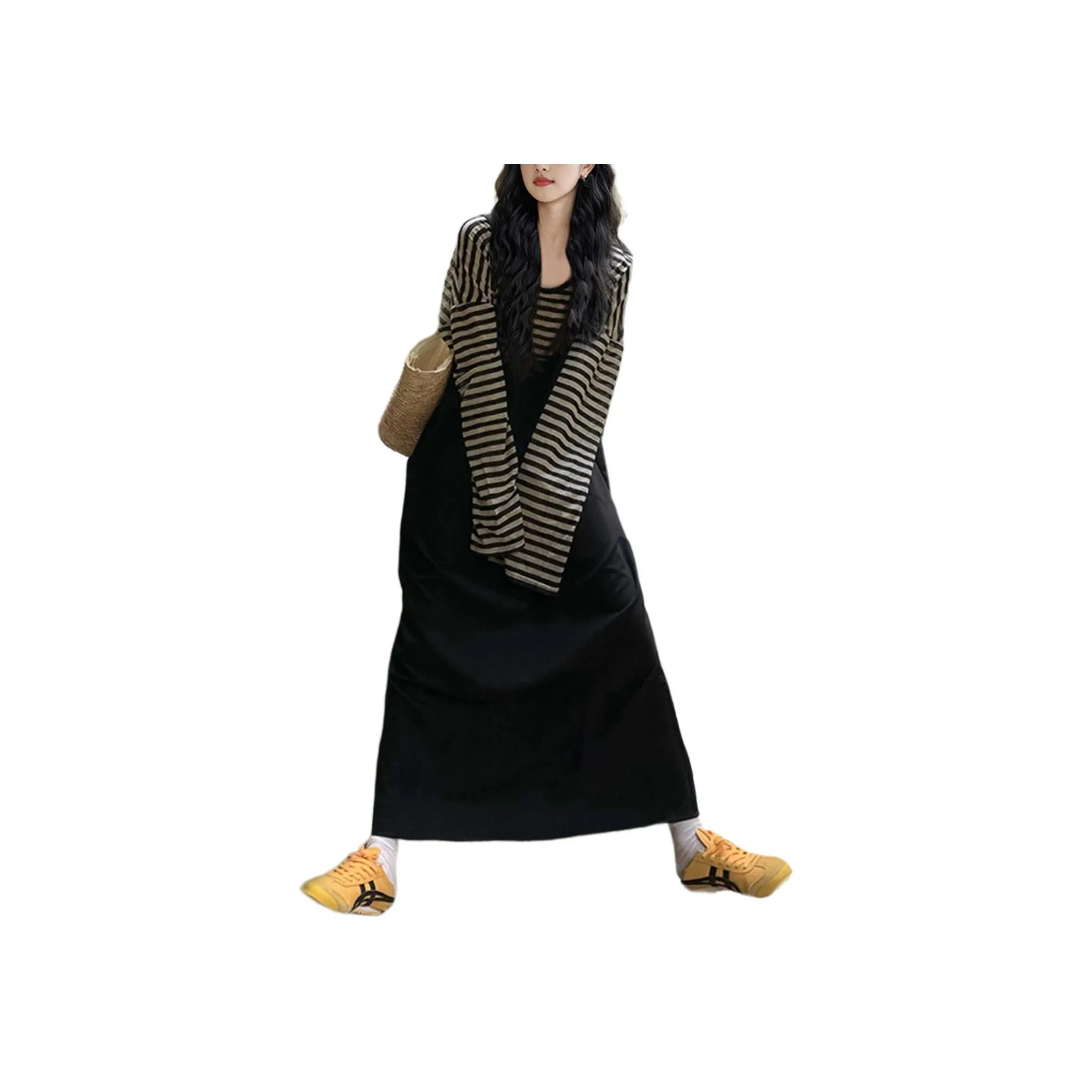 Wbwq Skirt Set Women's Black Apricot Stripes