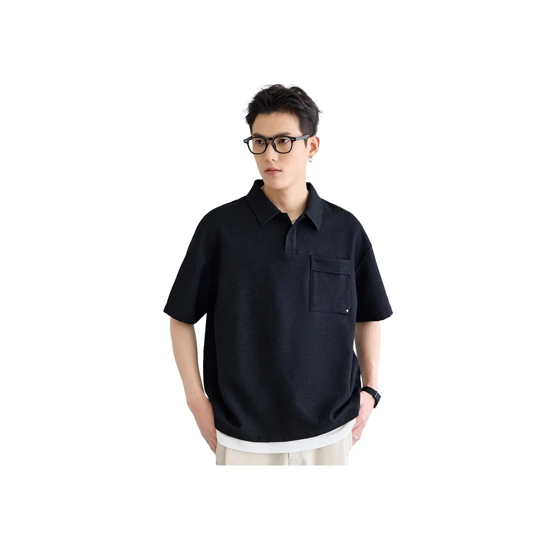 A.B.X Summer Single Port Bag Stud Lapel Silhouette Short Sleeved Polo Shirt Men's