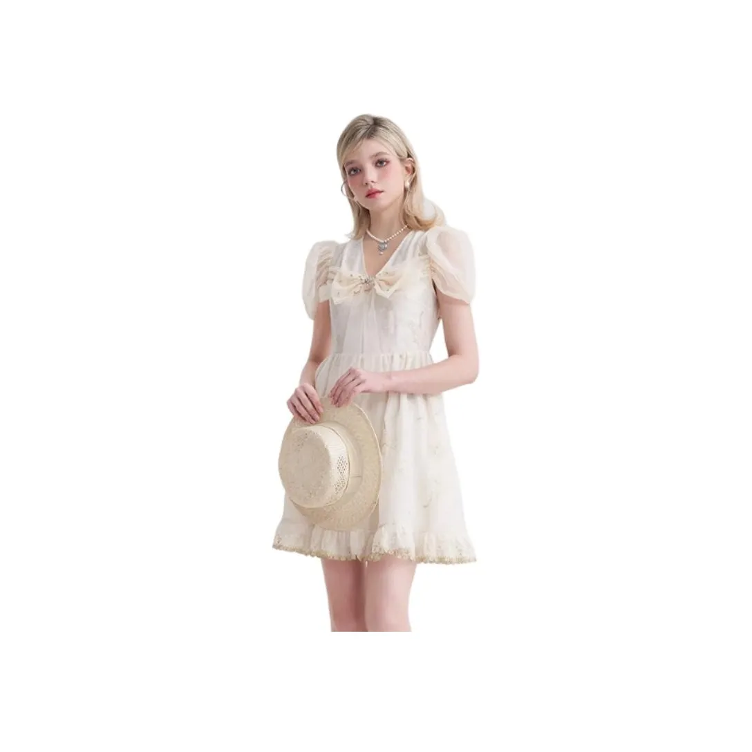 JORYAweekend Короткий рукав Платье Женское Бежево-золотой