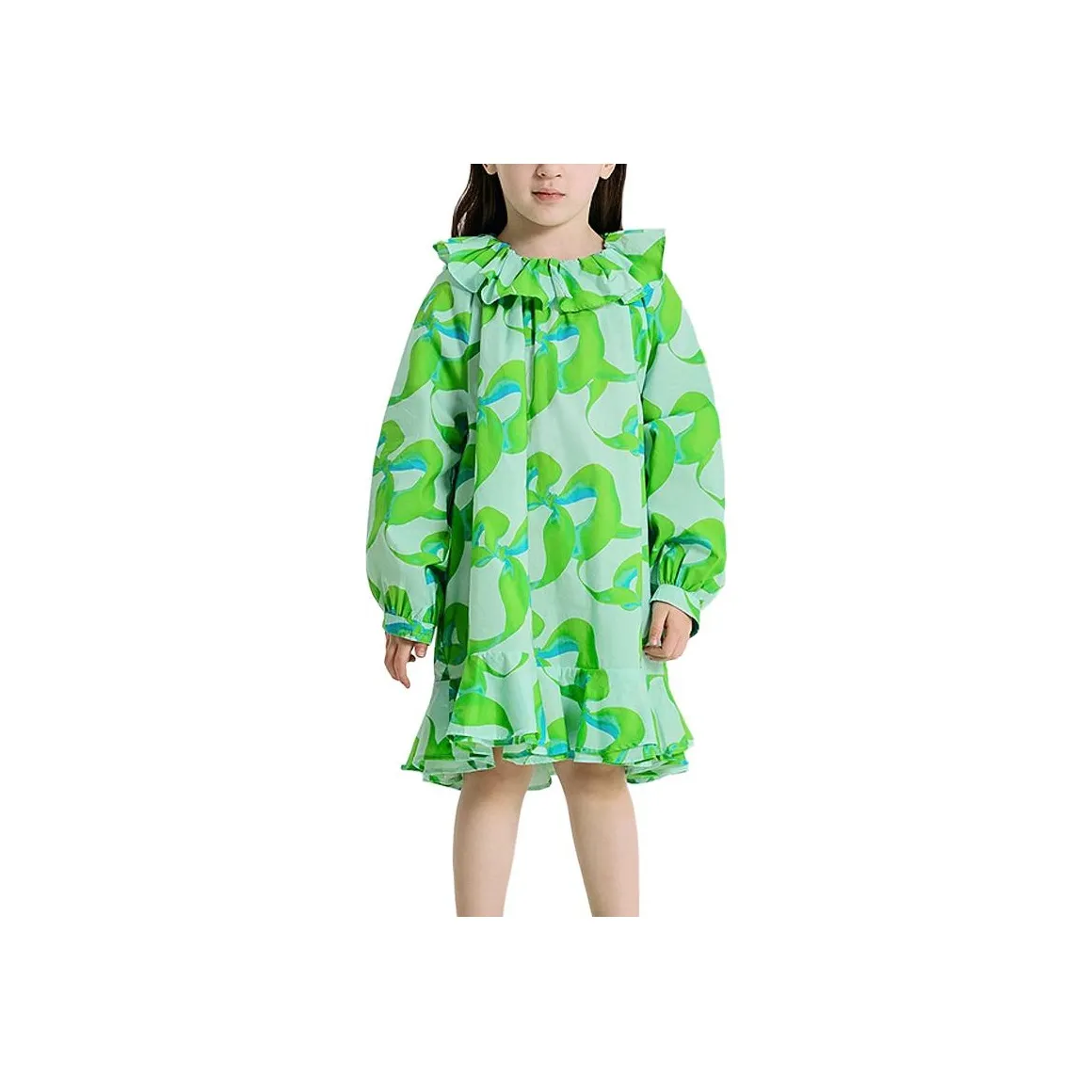 Woobaby Платье SS25 Кремовый Бант Сине-зеленый Тон Дети Возраст 3-7 Лет