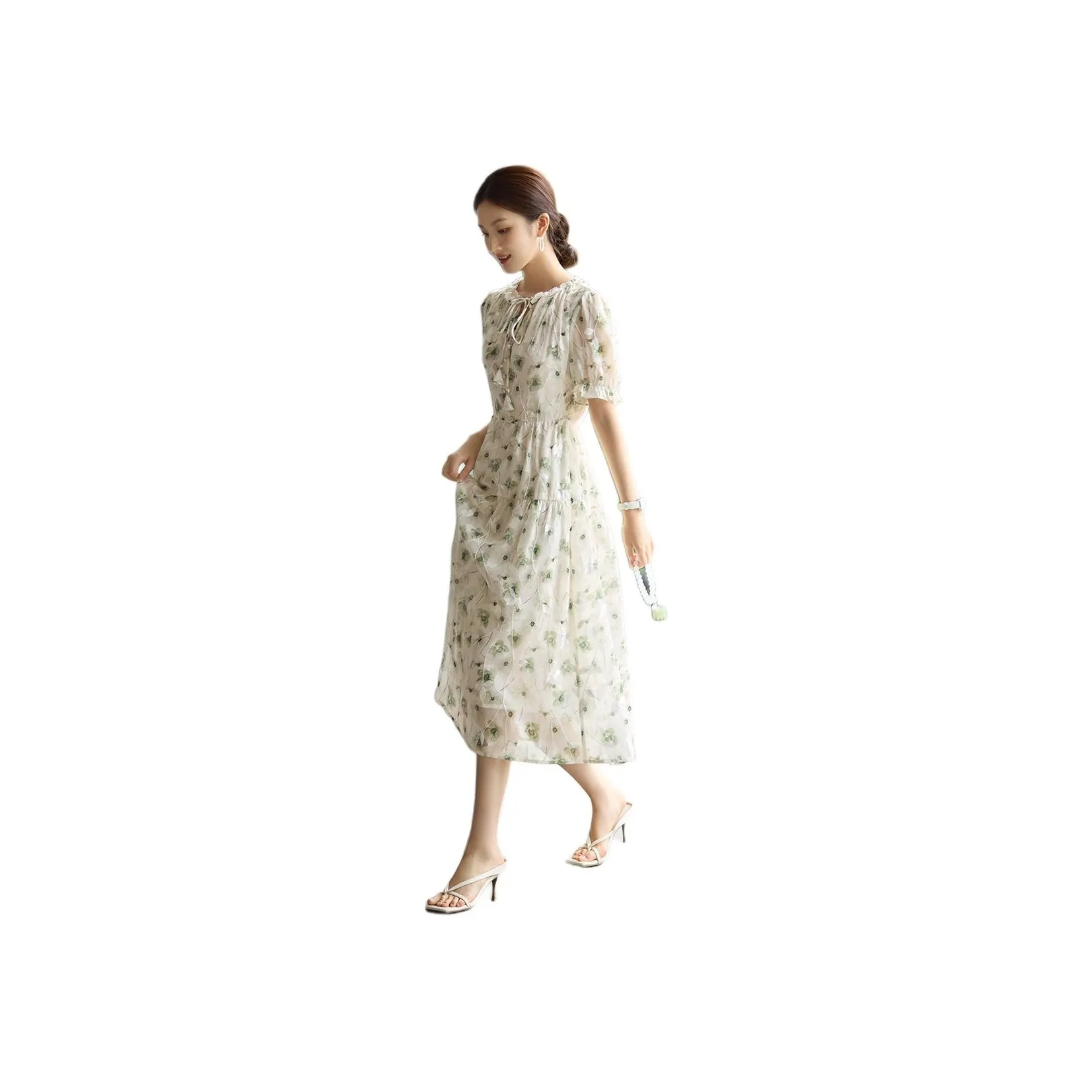 XWI Short Sleeved Dress Women's Beige With Green Print