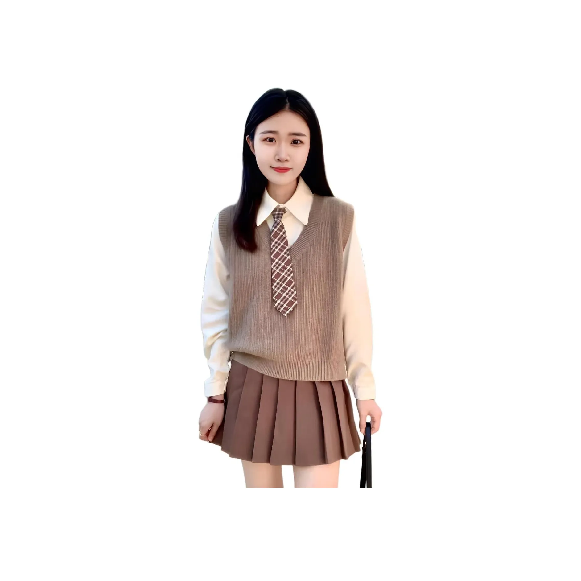 Mu Qingqing Белая рубашка + галстук + коричневая юбка с оборками + коричневый жилет - трехкомпонентный комплект для женщин - юбка-комплект