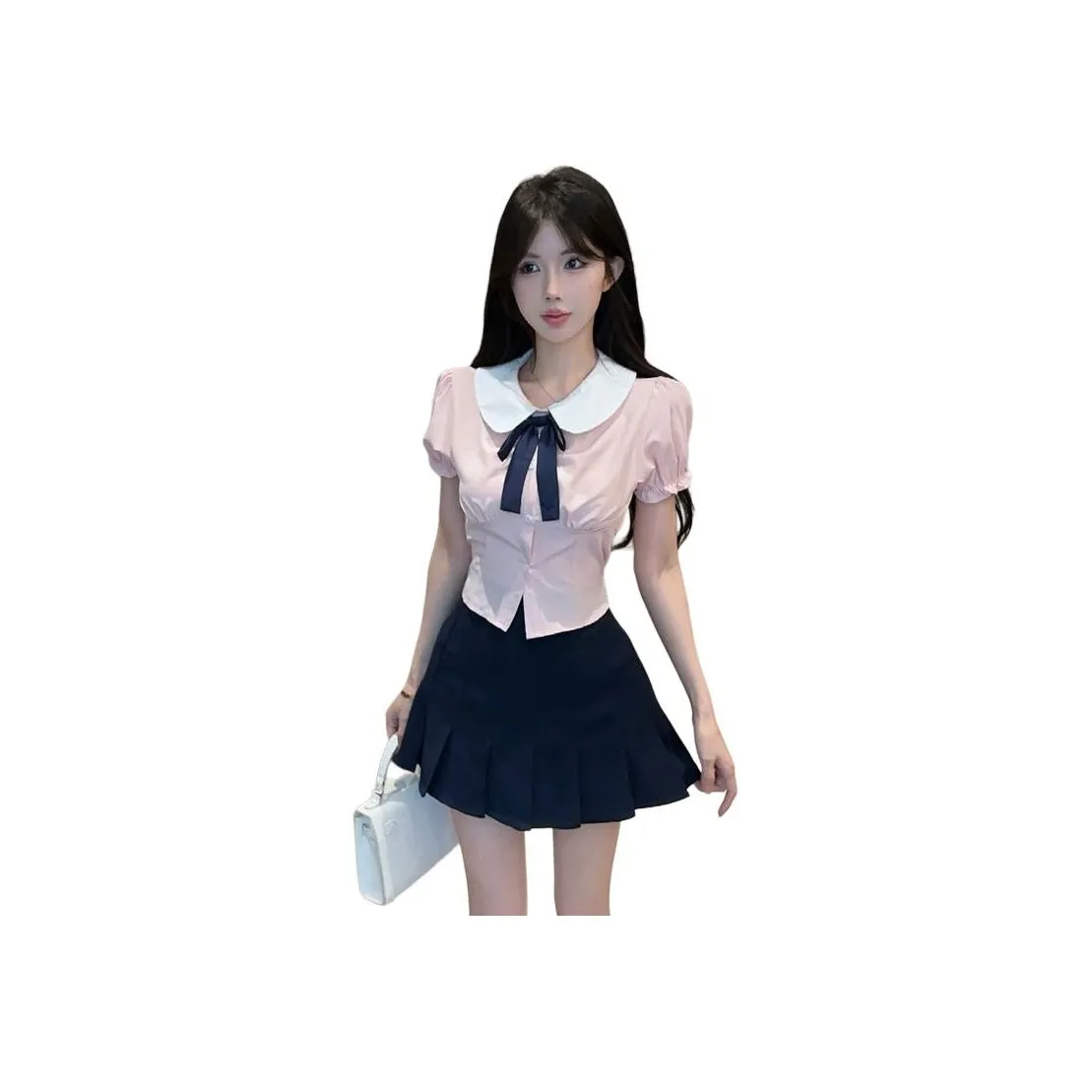 Garbege Розовая Рубашка + Темно-синяя Юбка + Комплект Одежды с Бабочкой + Женская Униформа