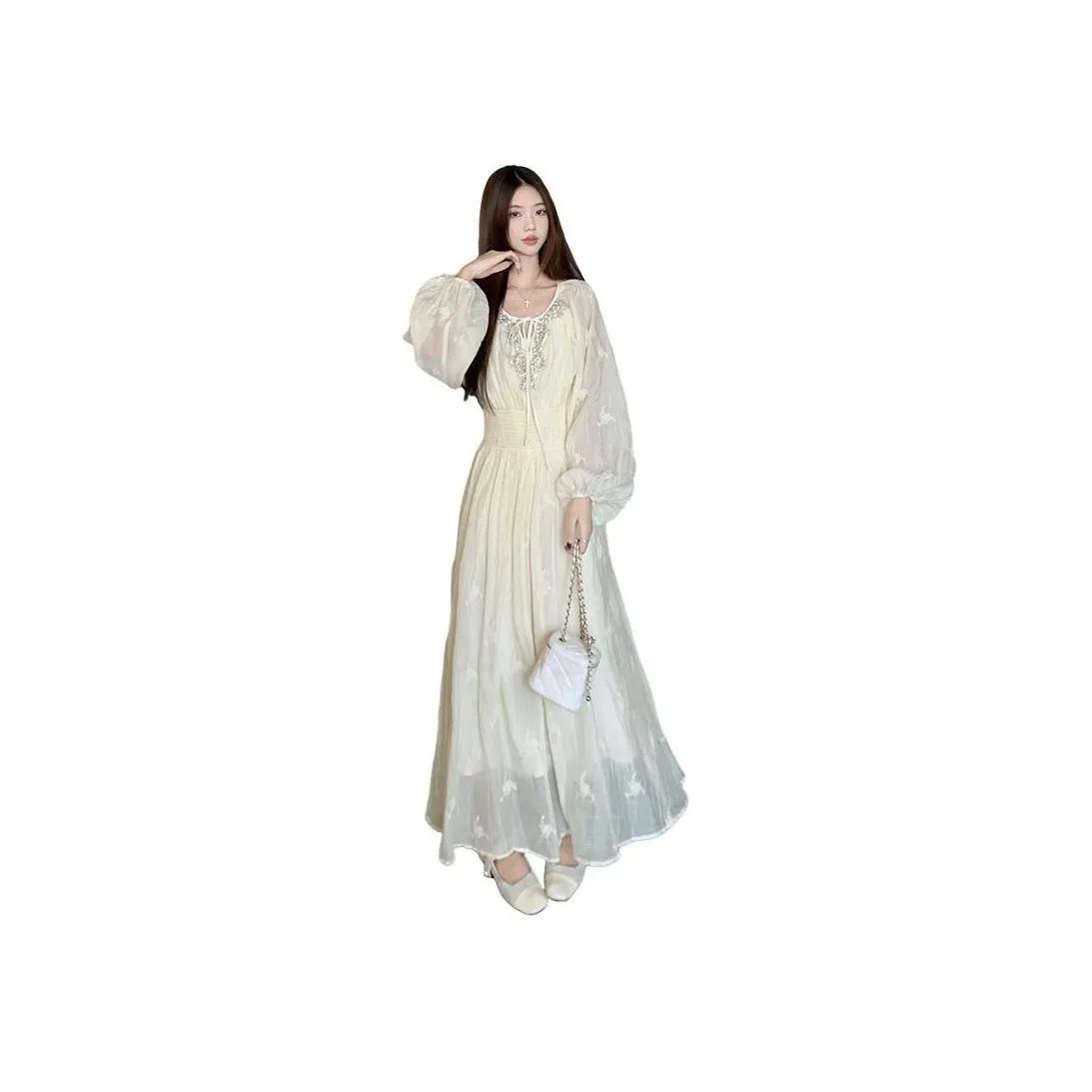 NFV Абрикос Двухкомпонентный Набор Оригинальная Вышивка Бусины Версия Женское Длинное Платье с Рукавами