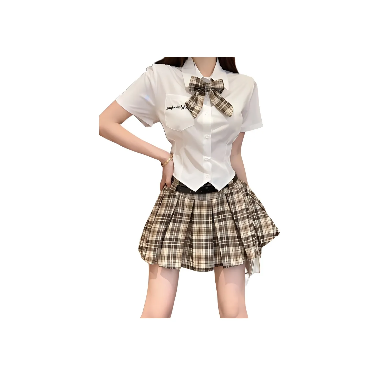 Garbege Uniform Women's White Shirt Bow Tie With Brown Pleated Skirt Set
