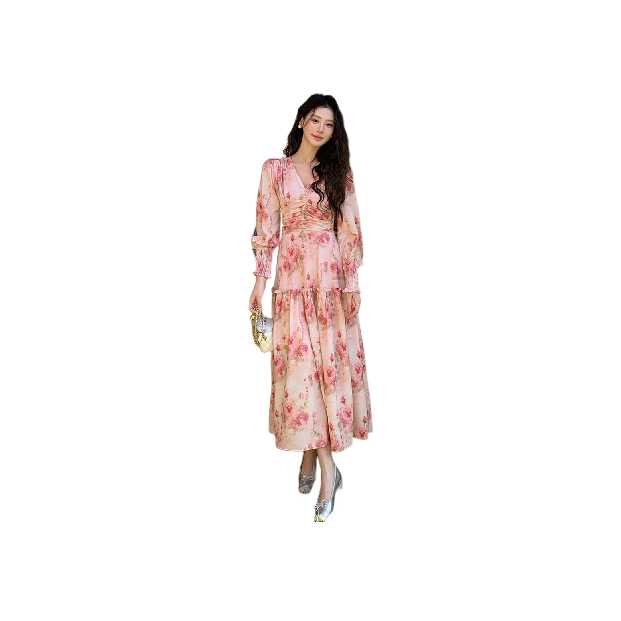 Wbwq Long Sleeved Dress Women's Pink Floral