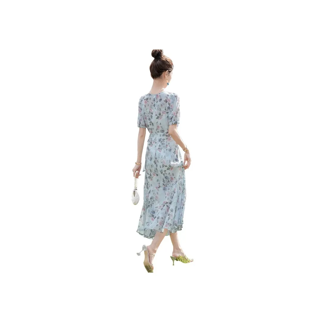 Cypress House Short Sleeved Dress Women's Blue With Green Floral