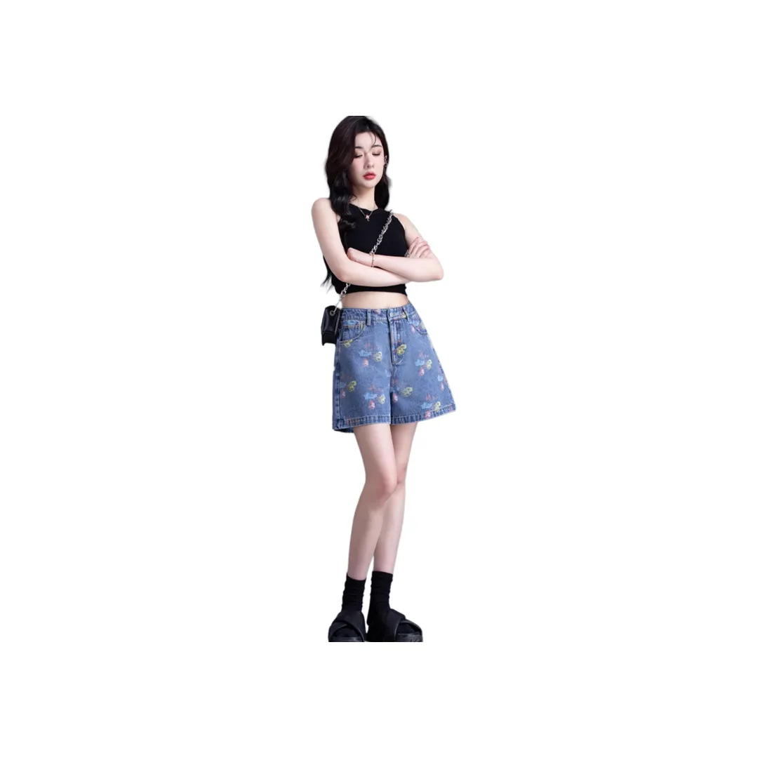 You Cow Me Pants Denim Shorts Women's Blue Background Print