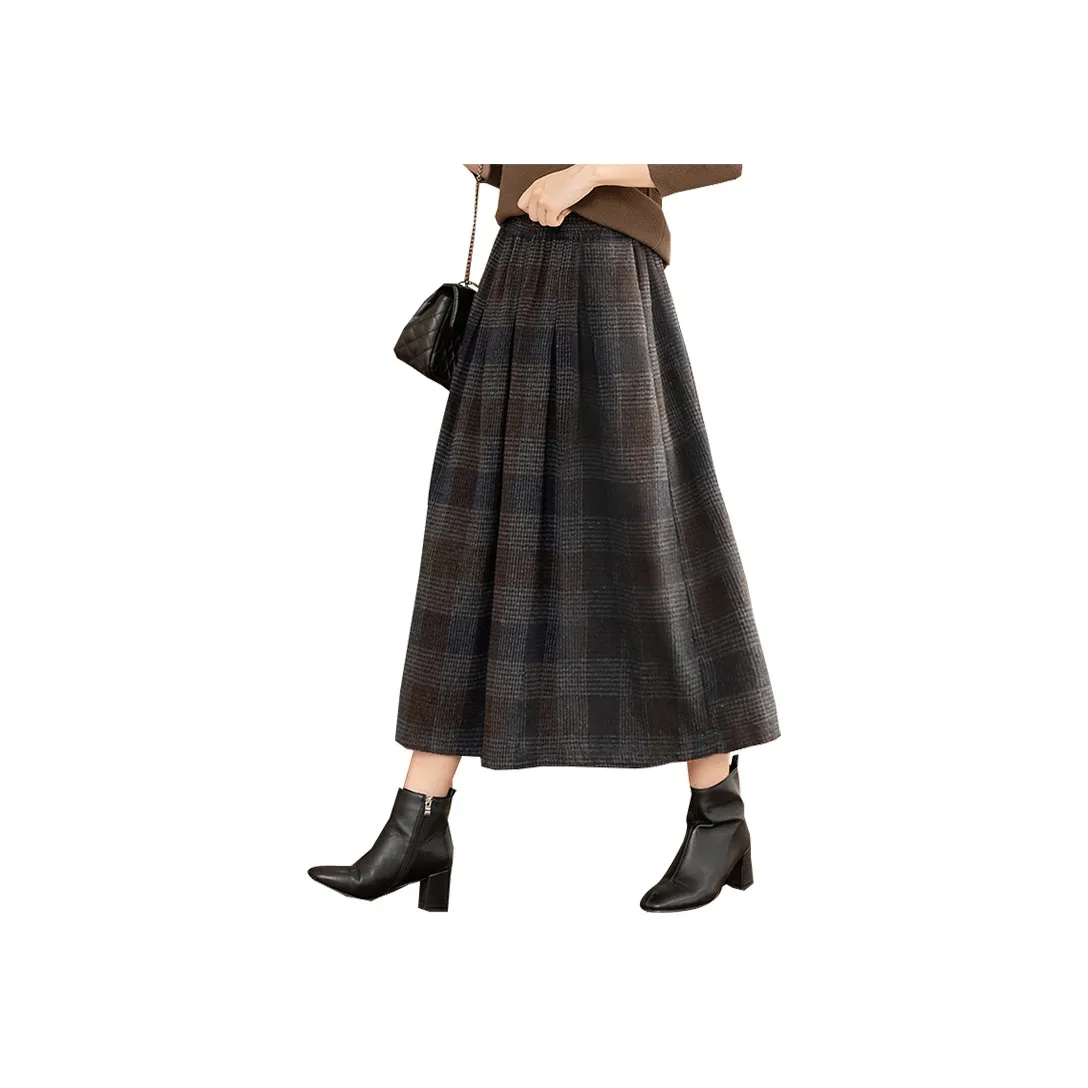 SIBAISHE Повседневная длинная юбка женская темно-синяя в клетку