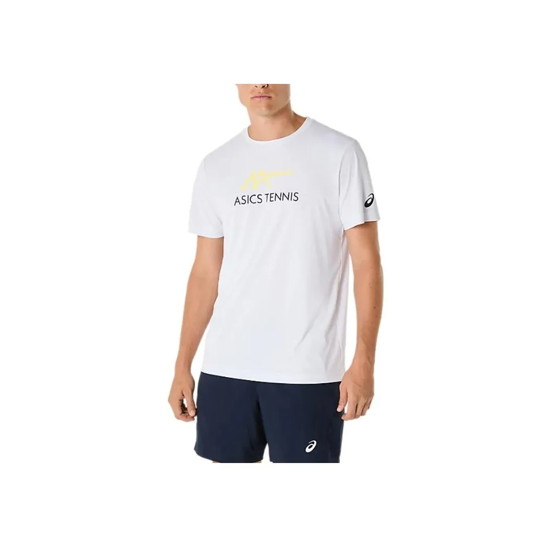 Asics COURT GRAPHIC T Shirt Men's Bright White/Mixed Color Yellow