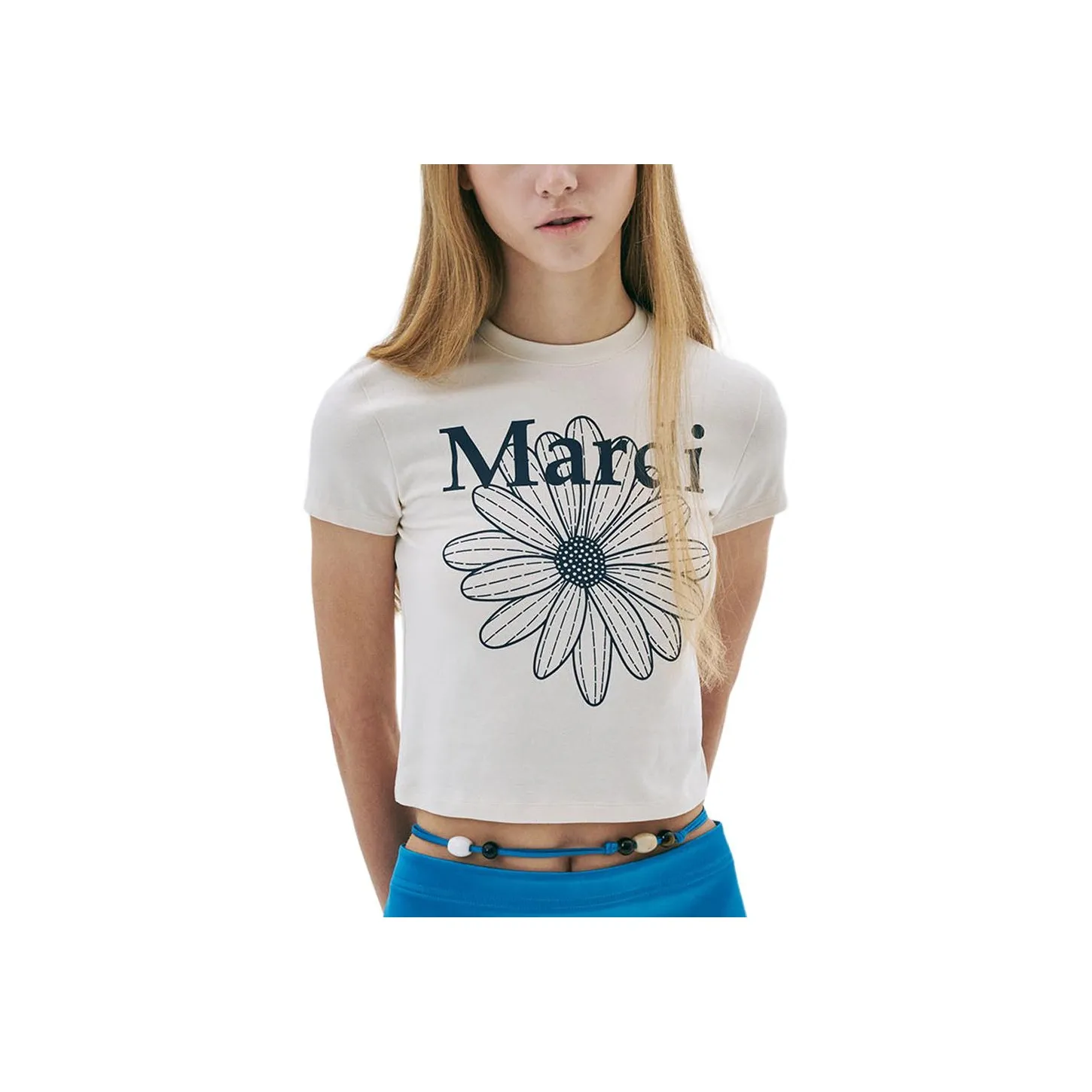 MARDI MERCREDI SS25 Укороченная футболка FLOWERMARDI_Крем Темно-синий CROP TOP Корейский стиль Женская Белая Морской синий
