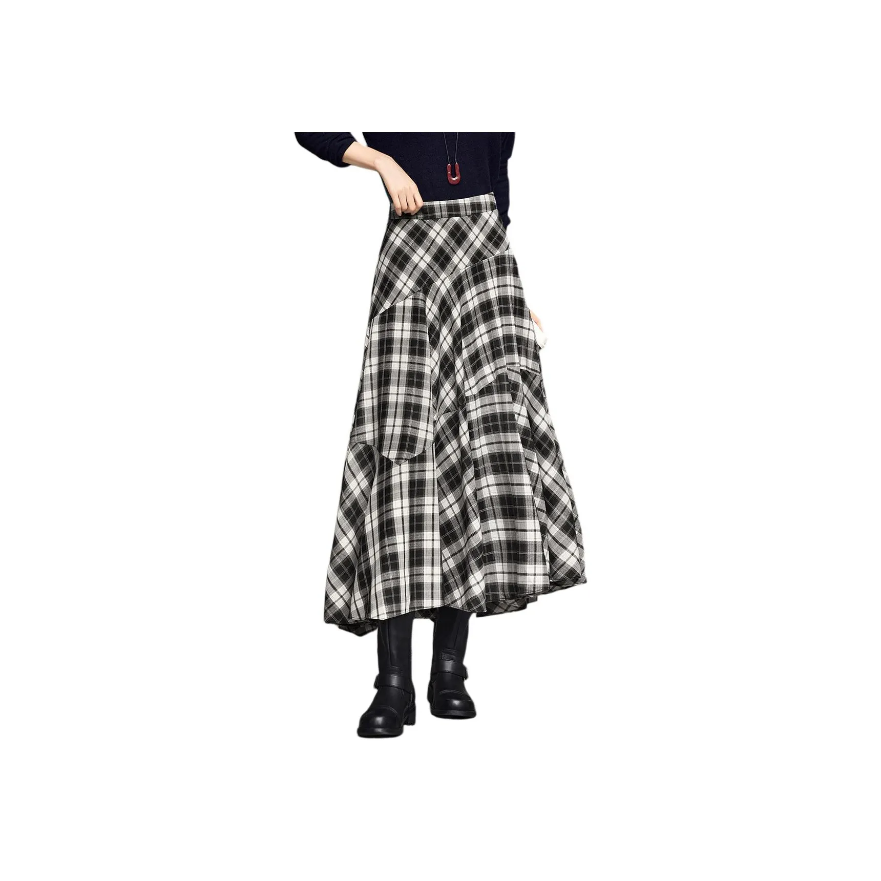 XWI Черно-белая клетка Женская Повседневная Длинная Юбка