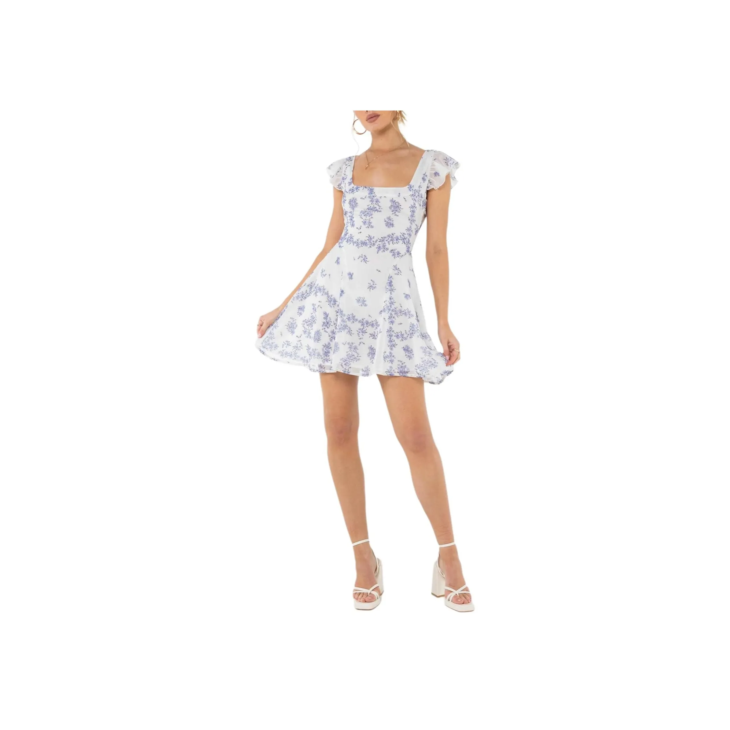 PRINCESS POLLY DREAM AWAY MINI DRESS Short Sleeved Dress Women's BLUE MULTI/White Base With Blue Print