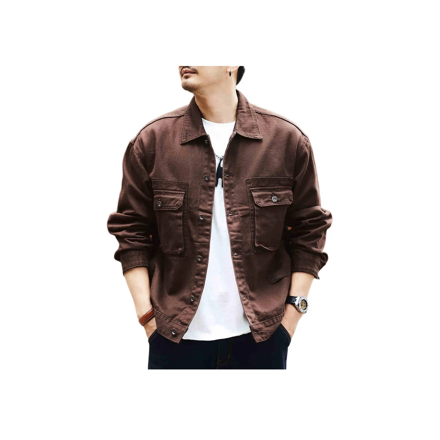 GELANLU Denim Jacket Men's Brown