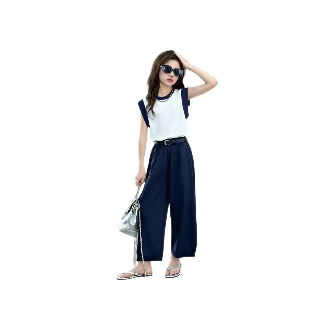 TONYBEAR Женский 2025 Летний Комплект из двух предметов без рукавов свободный крой цветовой блок широкие брюки