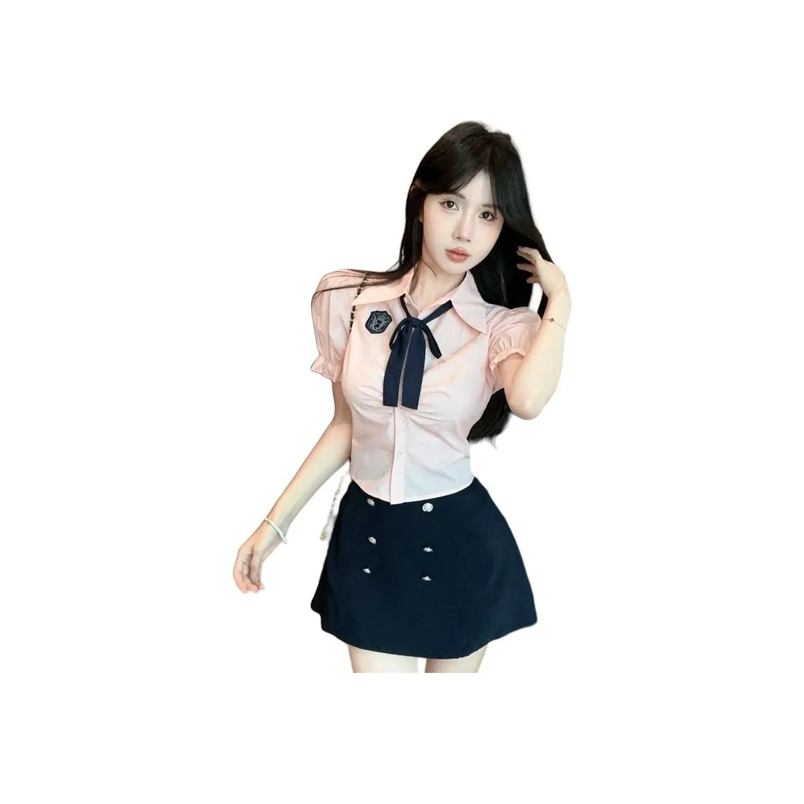 DGMZ Uniforms Women's Pink Top+Blue Skirt With Bow Ties Clothing Set
