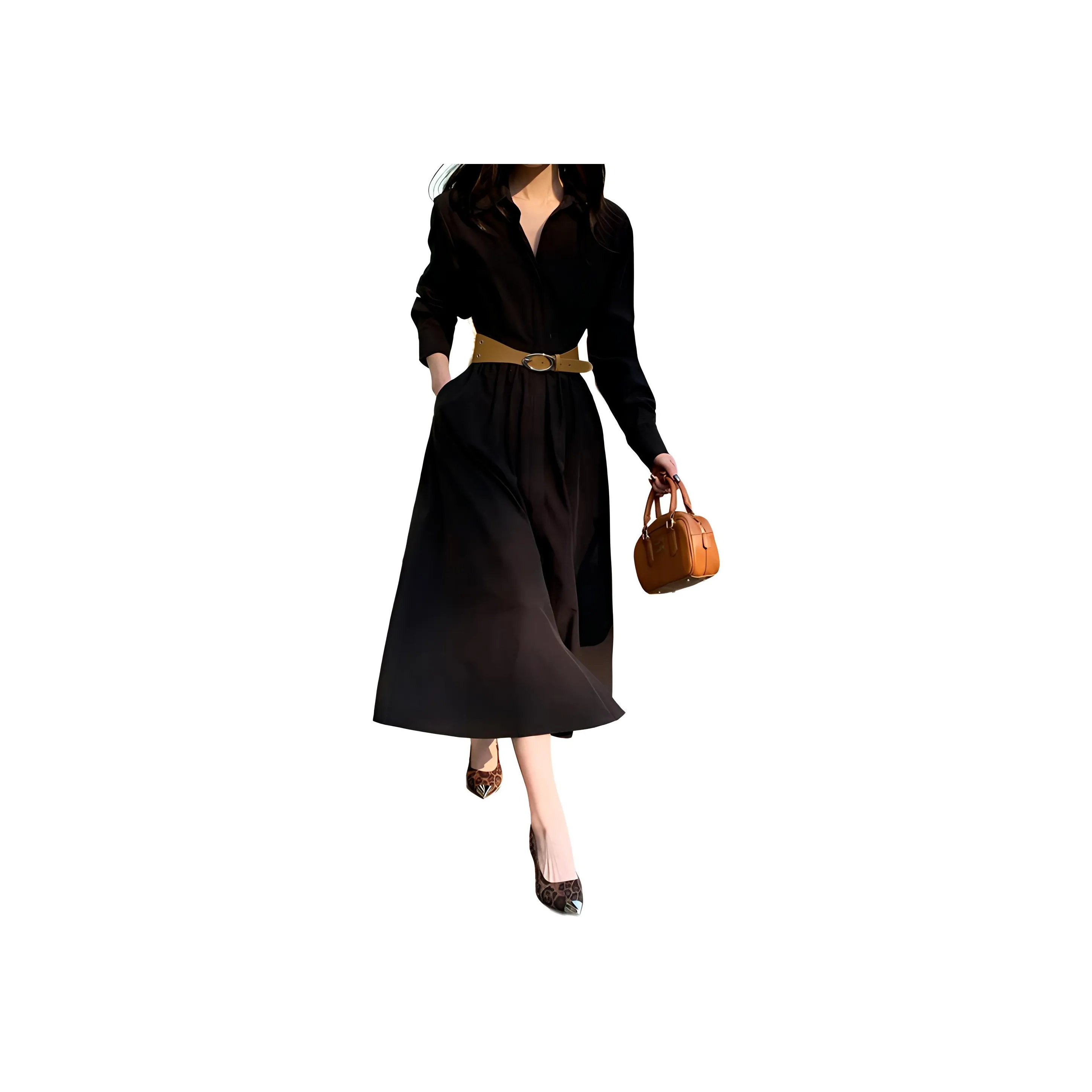 NANING9 Длинное платье с длинным рукавом женское черное