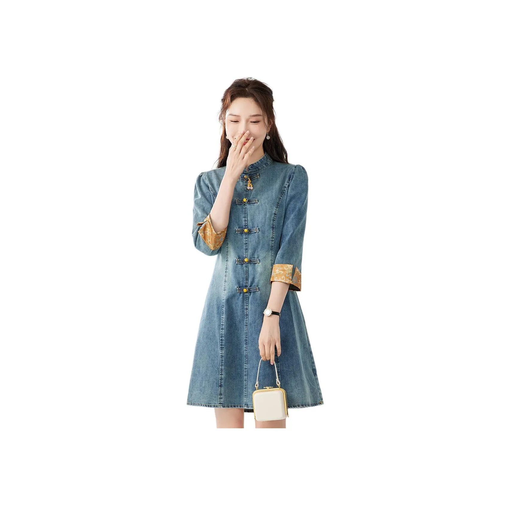 TERRE BLEUE Длинное платье с длинными рукавами женское джинсово-синий