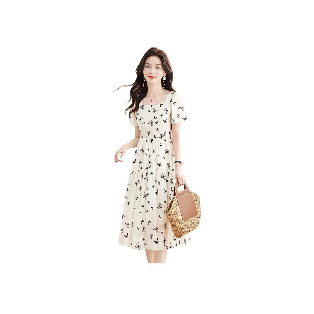 Cypress House Short-Sleeved Dresses Women's Apricot Base With Black Butterfly