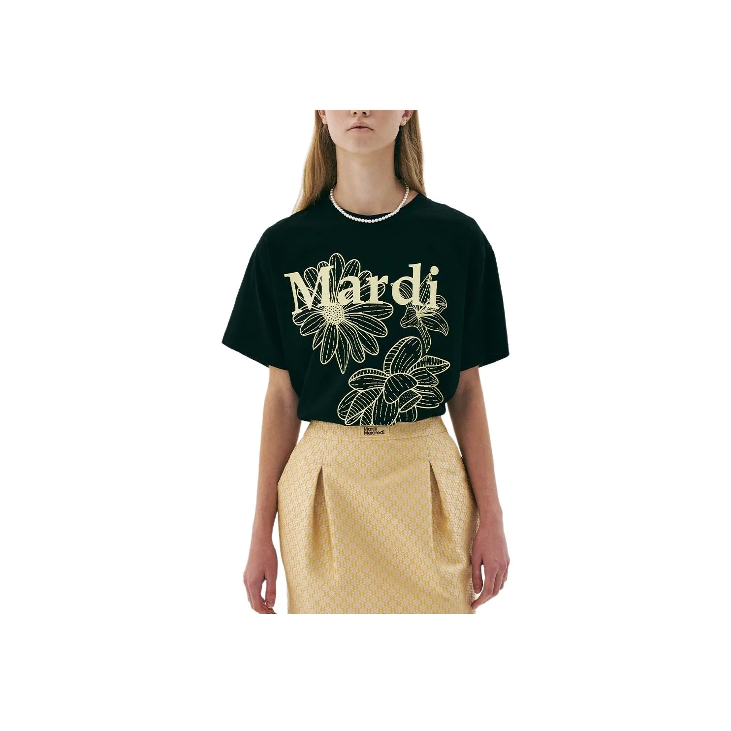 MARDI MERCREDI Three Flowers Collection SS25 T Shirt Women's Black/Lemon Korean Style