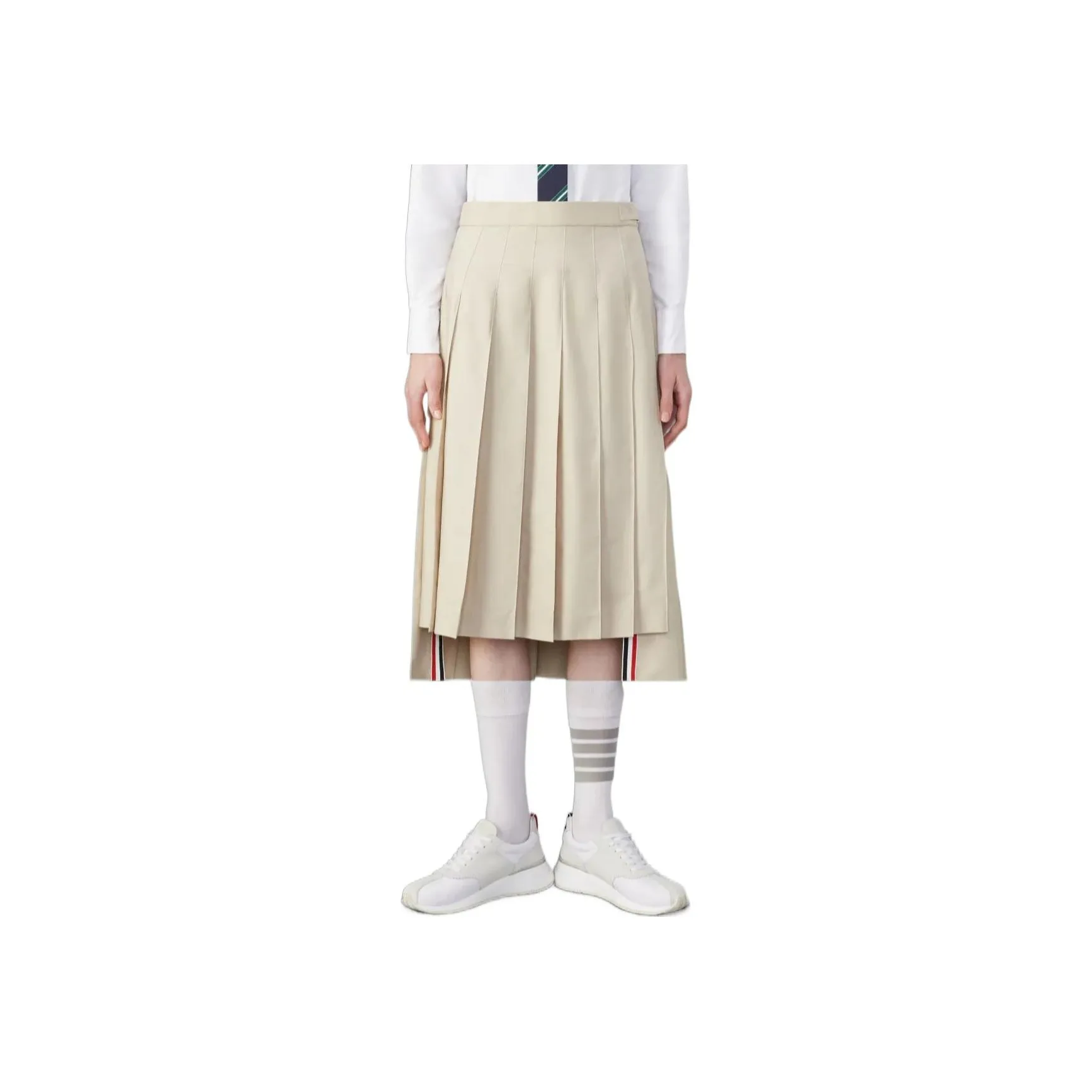 THOM BROWNE RWB Tab High Low Hem Pleated Midi Skirt