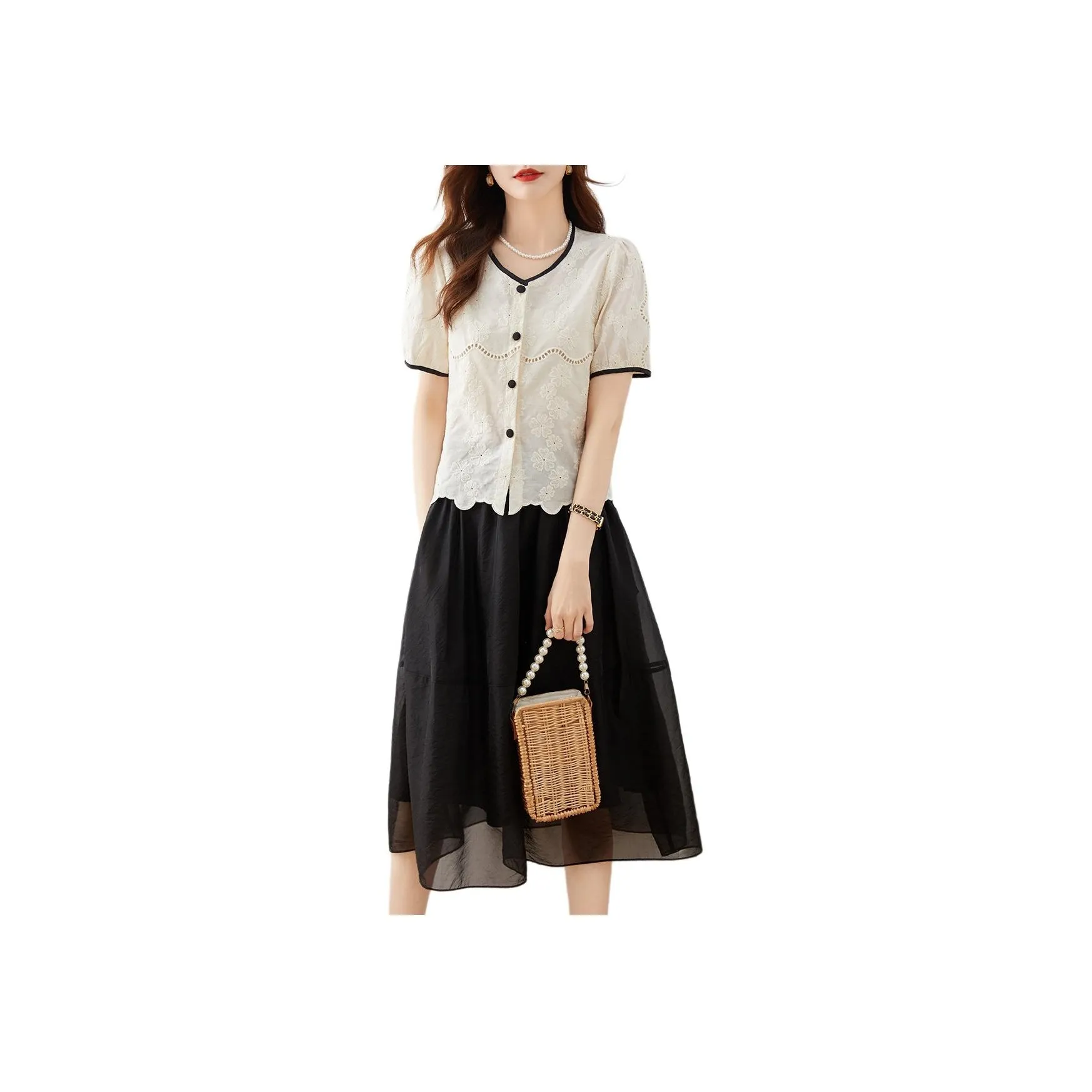 TERRE BLEUE Two Piece Skirt Sets Women's Clothing Sets White Shirt+Black Skirt