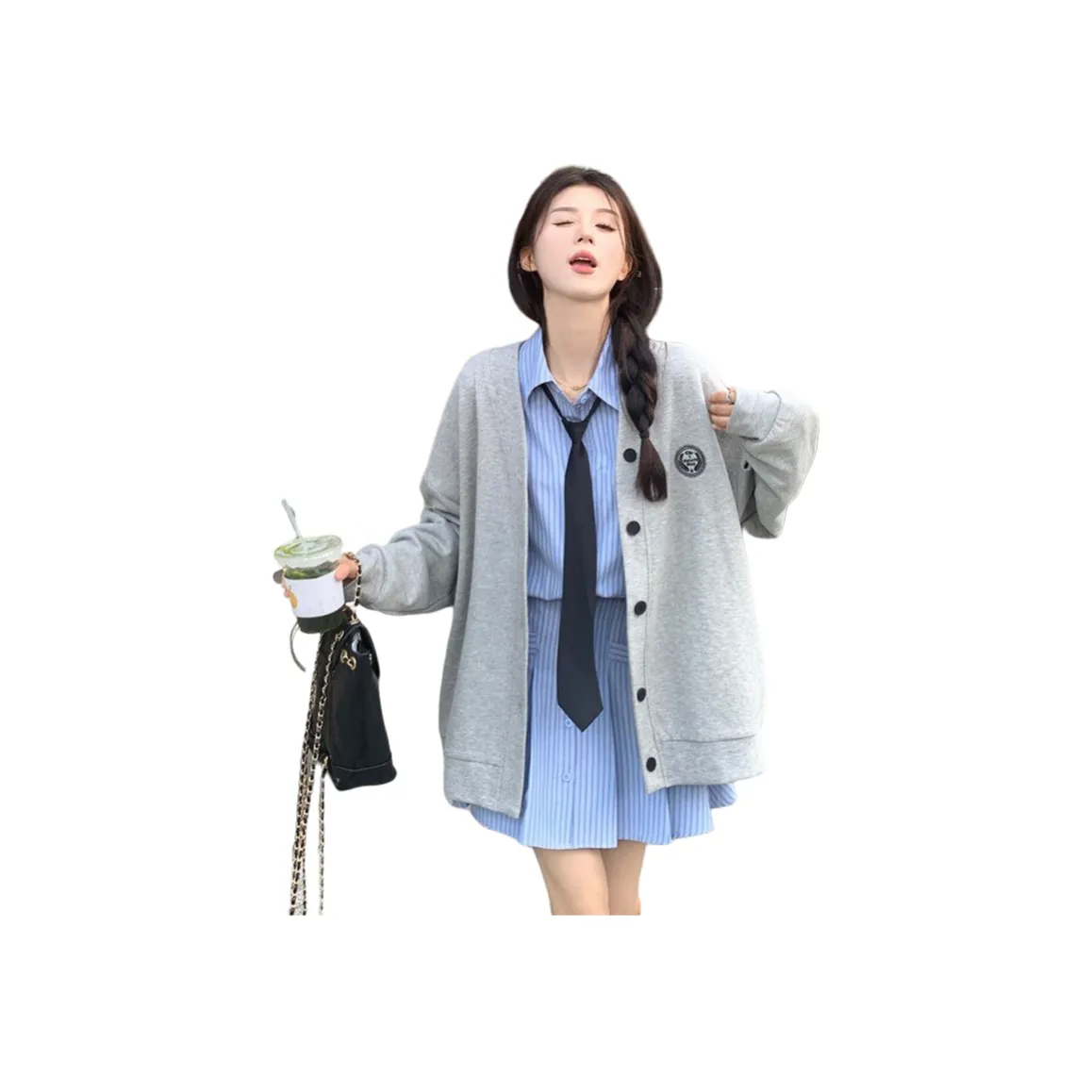 OYANXI Рубашка-платье + Галстук + Кардиган + Толстовка Женские Комплекты с юбкой
