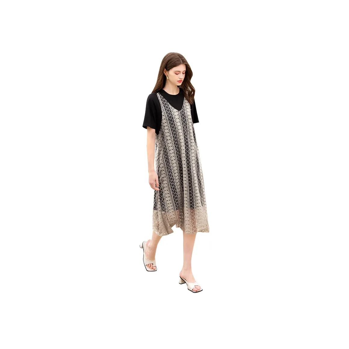 TOUCH Short Sleeved Dress Women's Black & Beige