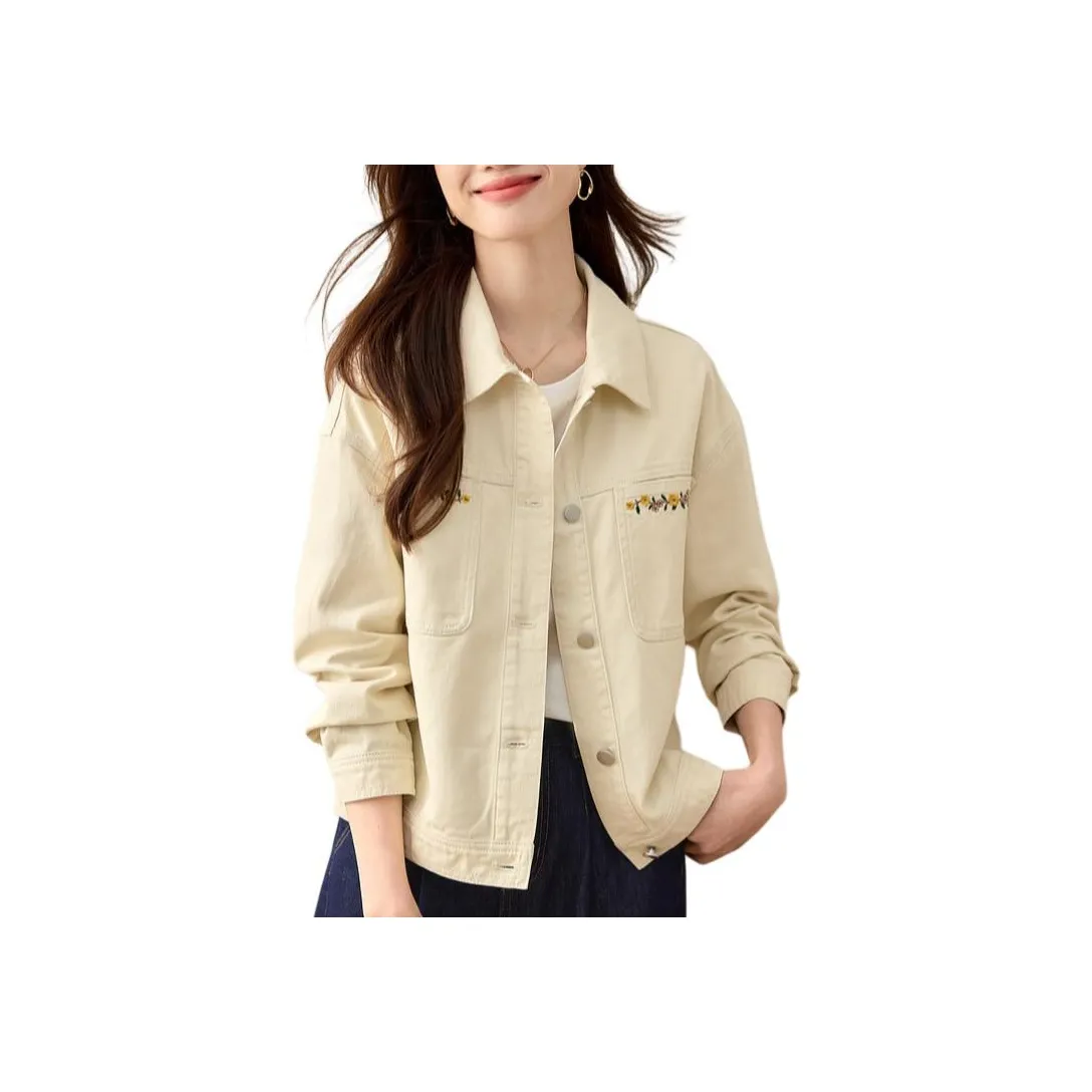 SLLSKY Джинсовая куртка женская кремово-абрикосового цвета