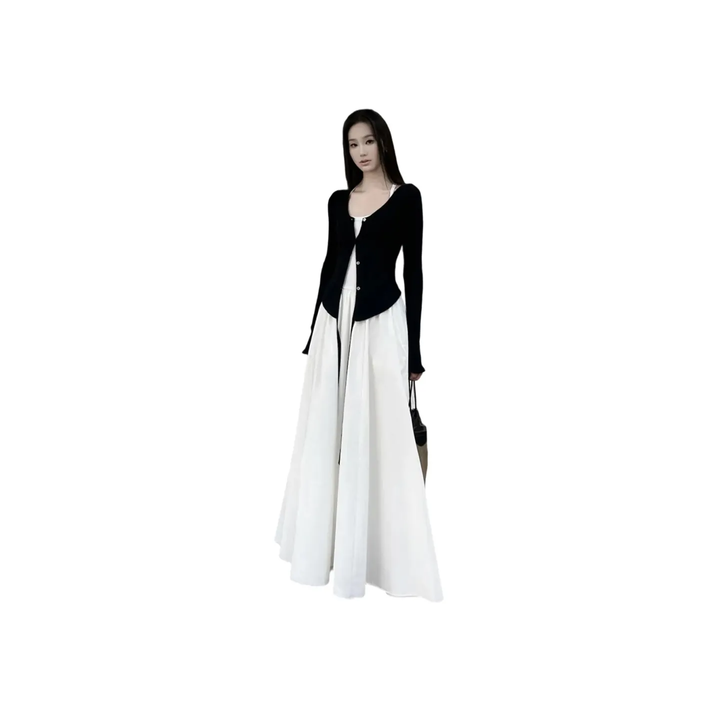 COVER TIME Two Piece Skirt Sets Women's Black Cardigan/White Camisole Dress
