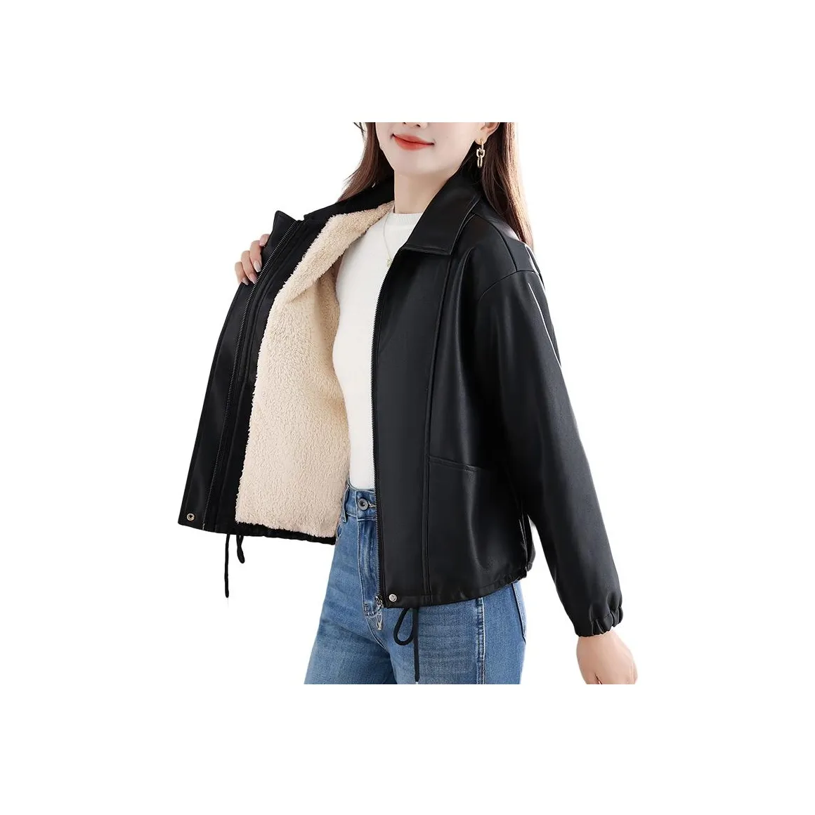 EMINU Черный флис с подкладкой Женские кожаные куртки