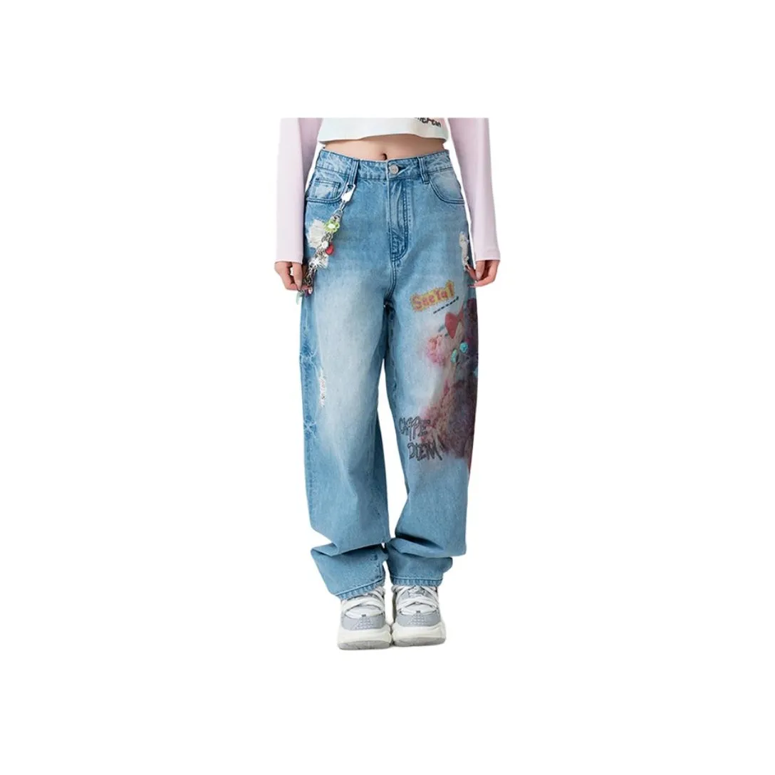 LALABOBO Jeans Unisex Medium Blue White